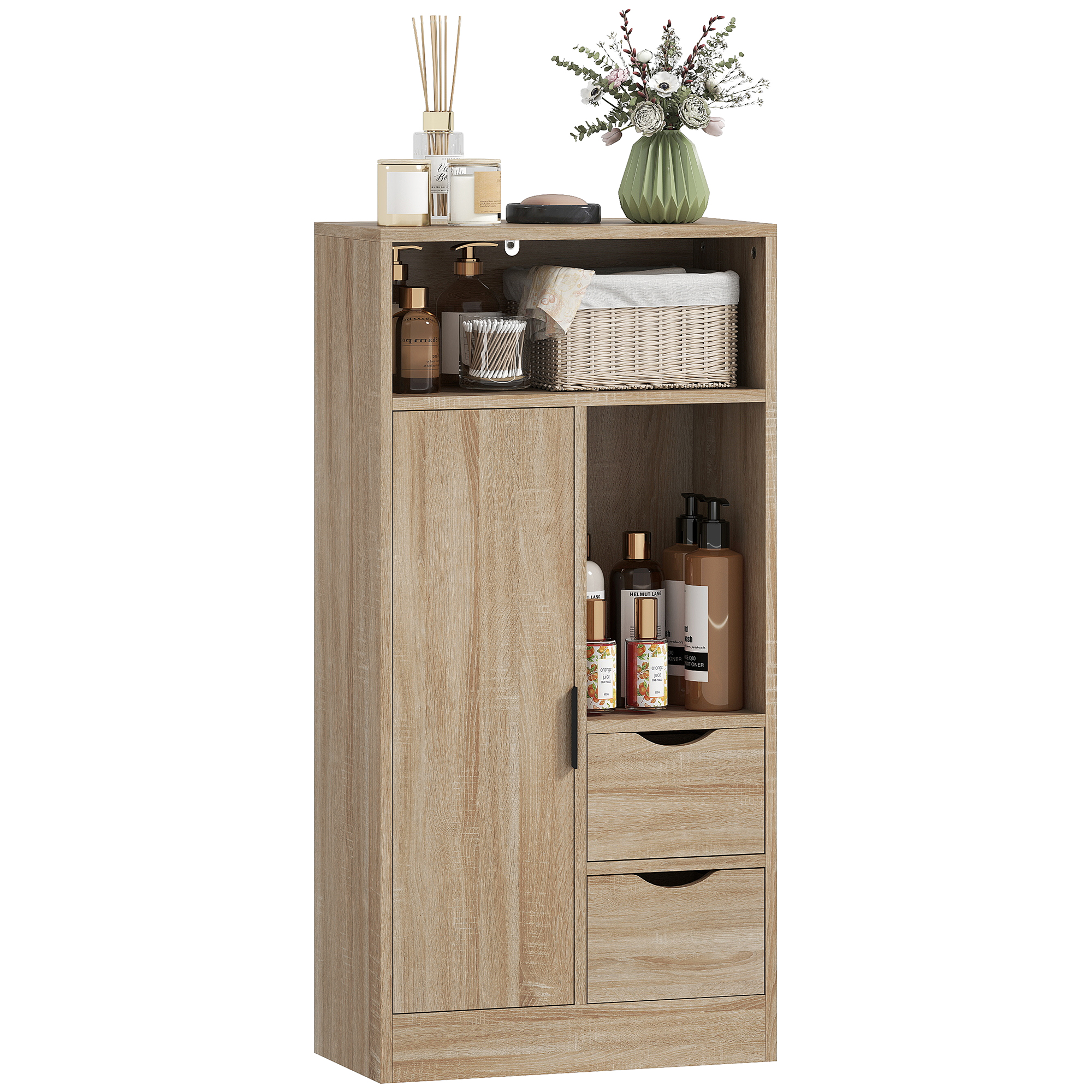 HOMCOM Mueble de Baño Estrecho Armario de Baño con 2 Cajones Compartimento Abierto y Estantes Ajustables para Espacio Pequeño Cocina Salón 50x25x100 cm