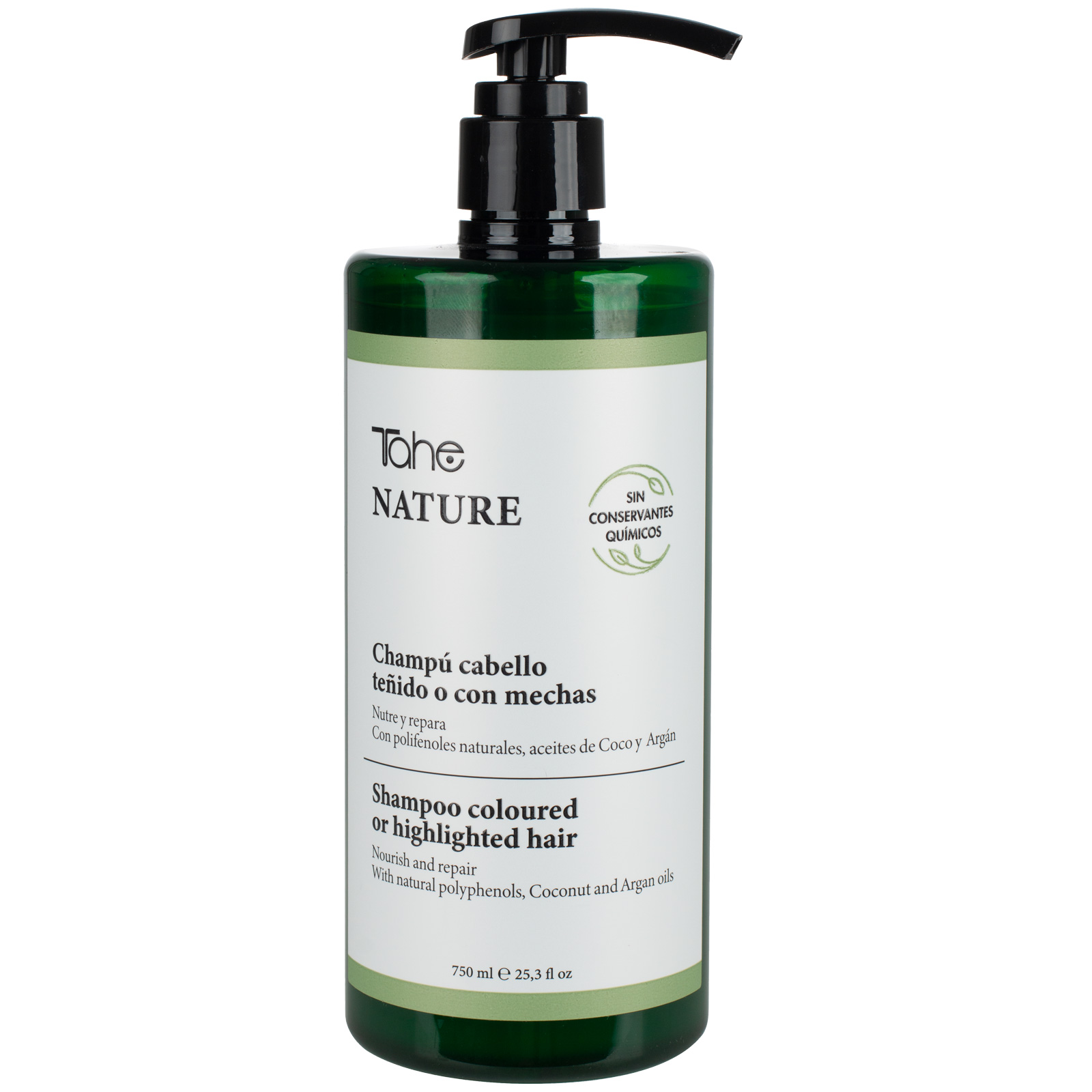 Tahe Nature Champú sin sulfatos para cabello teñido o con mechas con Polifenoles naturales y Aceites de Coco, Argán y Geranio, 750 ml