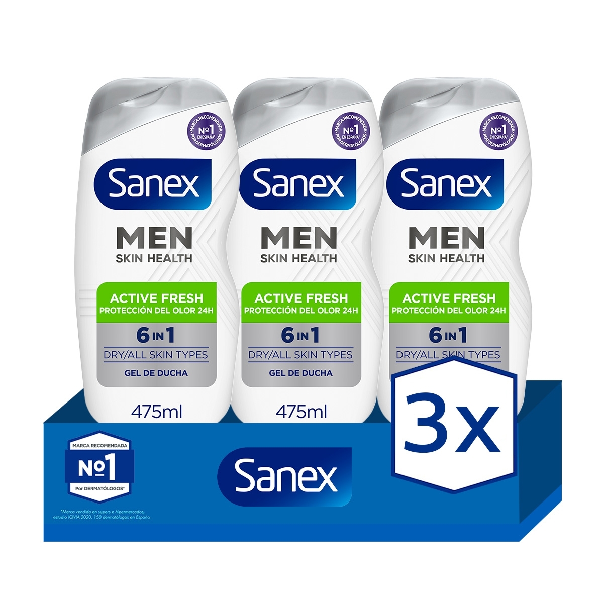 Sanex - Gel de ducha o baño para hombre Sanex Active Protect 3in1 cuerpo, cara y cabello 475ml. Pack 3