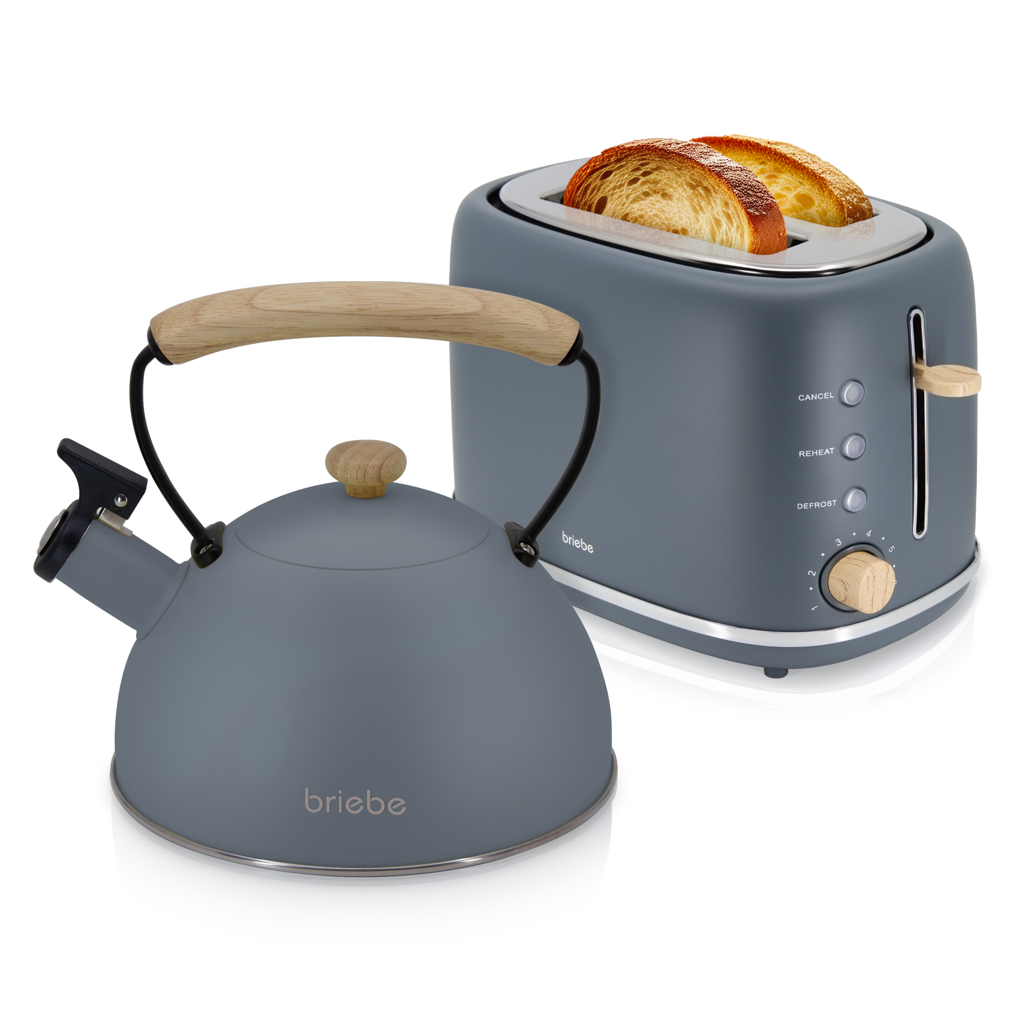 Briebe SKT1177GRY Nordic Set Tostadora Pan Ranura Ancha 2 Rebanadas + Tetera 2,3L Acero Inox, Inducción Libre BPA, 870W, Gris