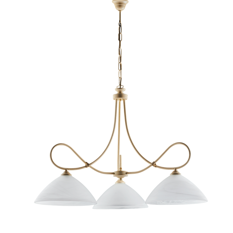 Dallas - Lámpara de araña marfil con efecto decapé y oro antiguo, cristal blanco, 3 luces - Belight