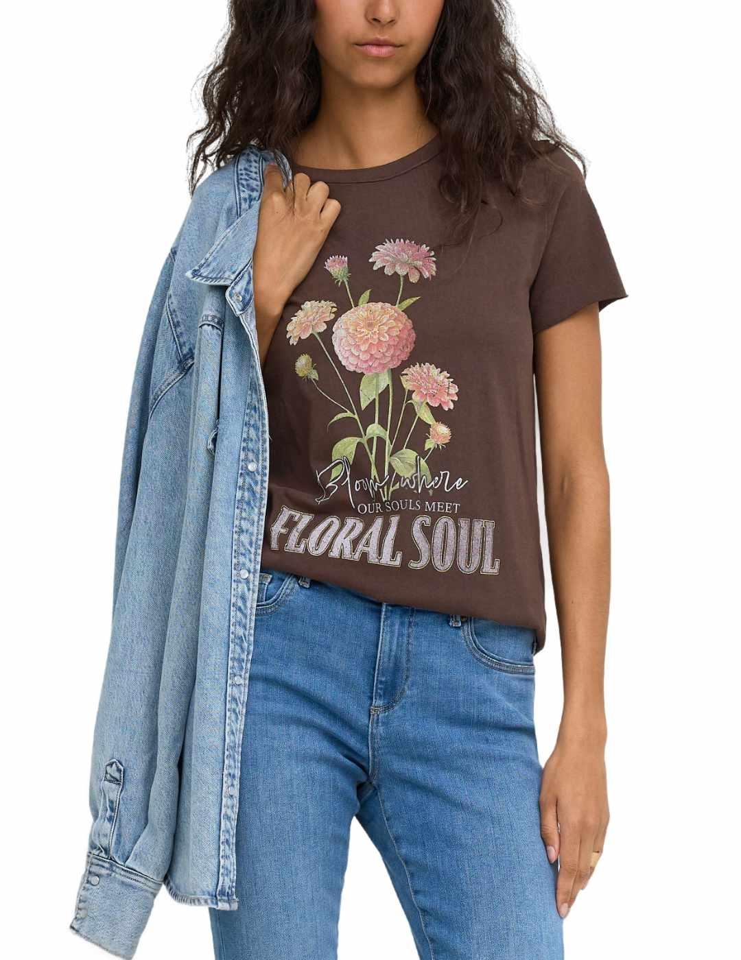Camiseta Only Lucy marrón flor manga corta para mujer
