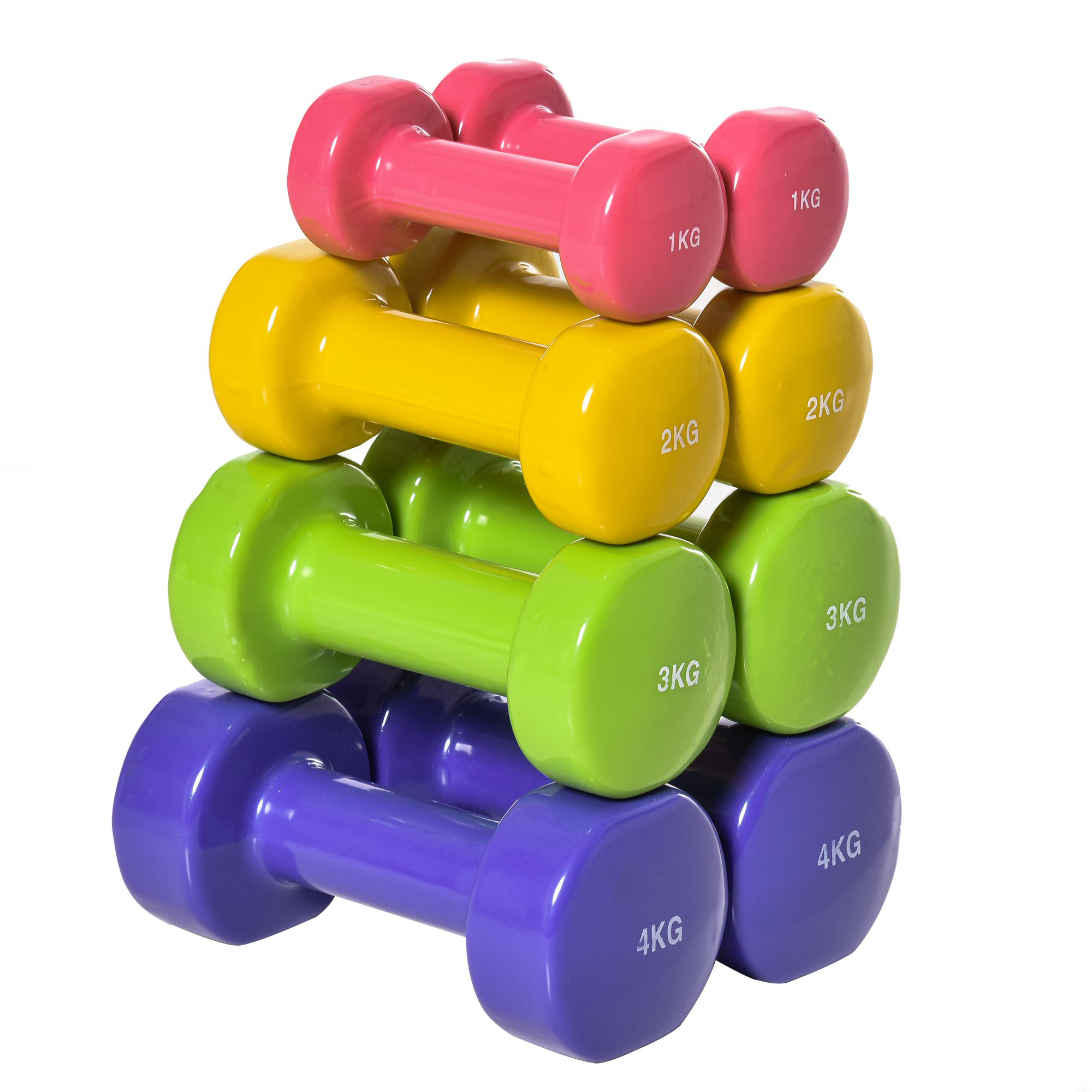 HOMCOM Juego de 8 Mancuernas Hexagonales 4 Pares 4 kg 3 kg 2 kg 1 kg Mancuernas de Neopreno con Revestimiento Pesas para Gimnasio en Casa Ejercicio Entrenamiento Multicolor