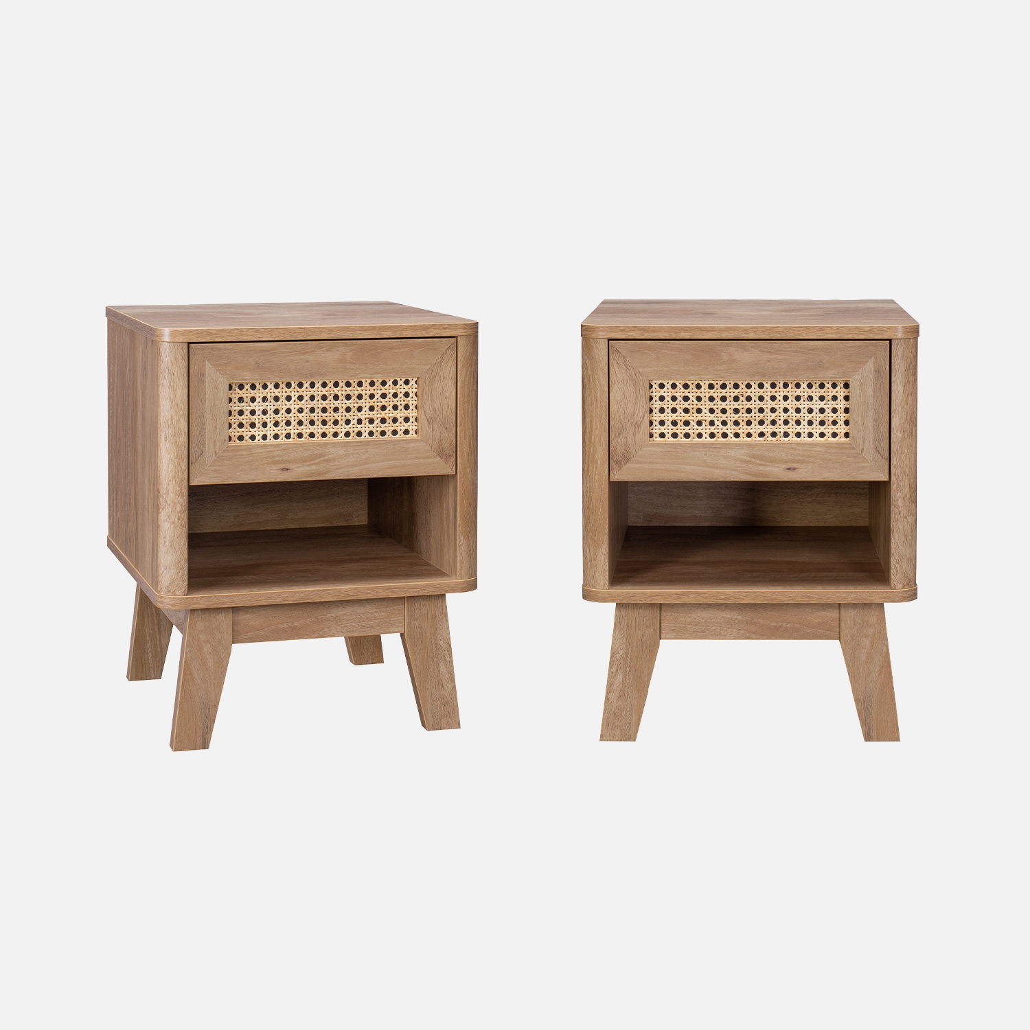 sweeek - Mesita de noche efecto madera y caña, set de 2 , Mani , 39x39x49