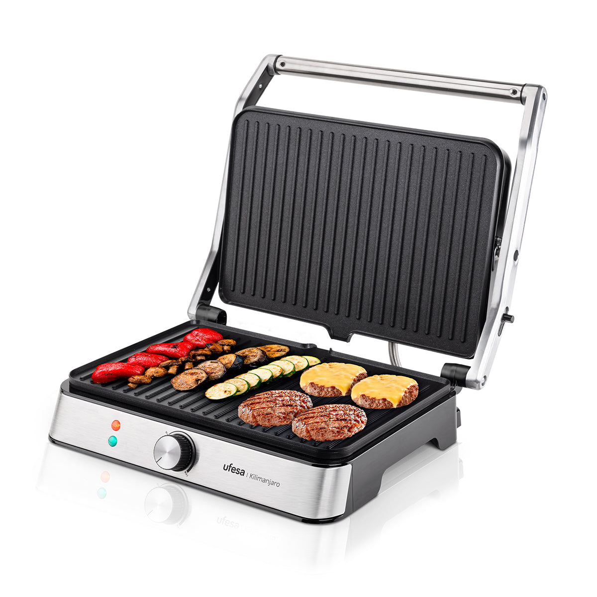 Ufesa - Grill de contacto Kilimanjaro de 2200 W con placas antiadherentes de 34x23 cm, regulación de temperatura y apertura ajustable de 105° a 180° para sándwiches, carnes y verduras