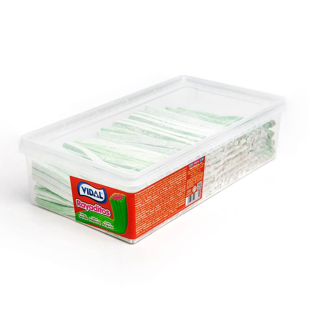 Vidal Rayaditos en bandeja de 200 unidades (1,4 Kg) Regalices de forma rectangular con sabor a fresa, frambuesa, sandía, limón, nata-fresa...