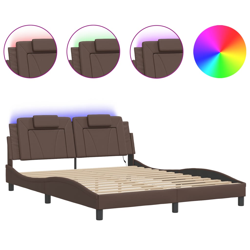 vidaXL Estructura de cama con luces LED cuero PE marrón 160x200 cm