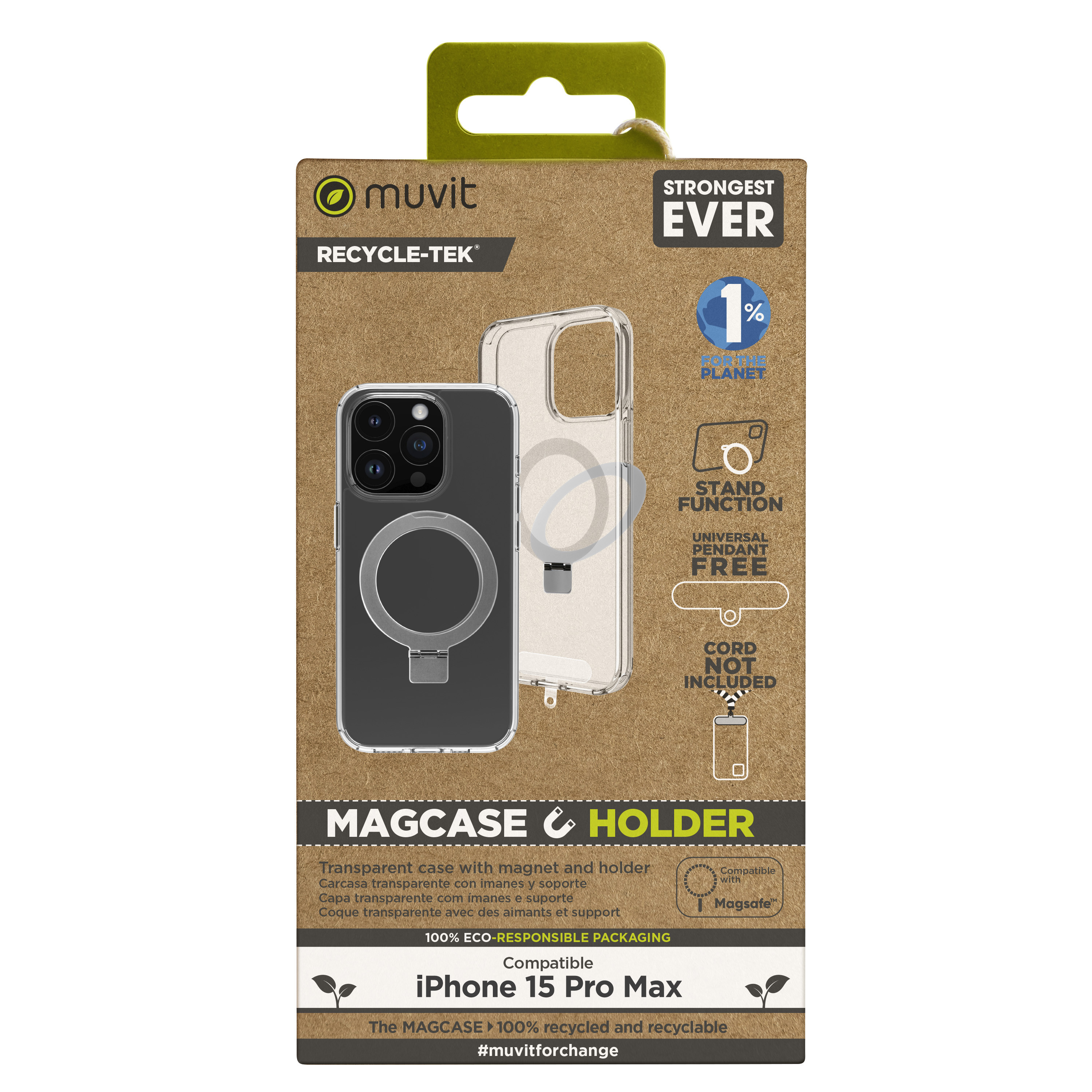 Muvit - Funda transparente Recycletek MCBKC0299 para iPhone 15 Pro Max con soporte integrado, compatibilidad MagSafe y material 100 % reciclado