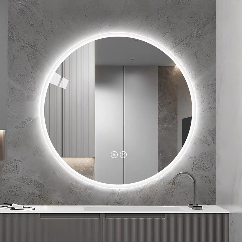 Miroir rond LED 80 cm argenté avec éclairage réglable, anti-buée et verre sécurisé