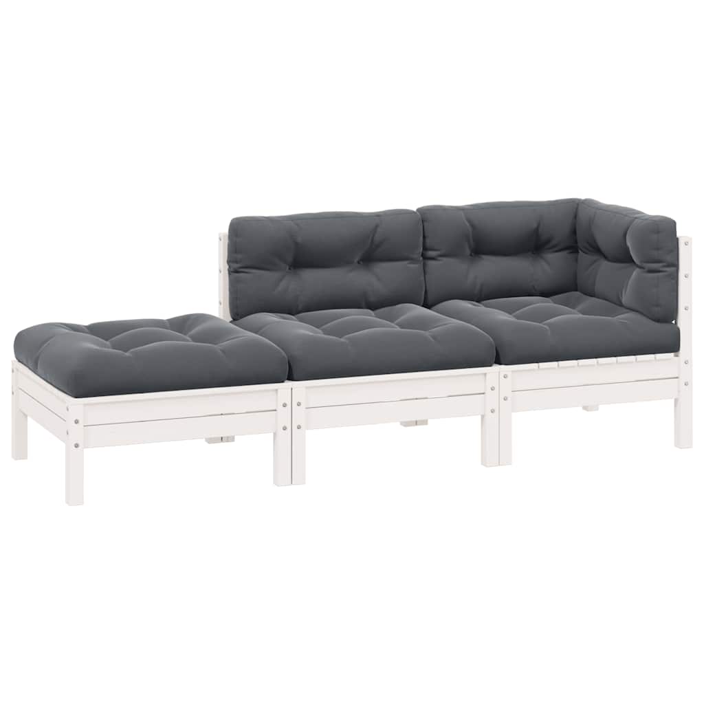 vidaXL Juego muebles jardín 3 pzas cojines blanco madera pino maciza