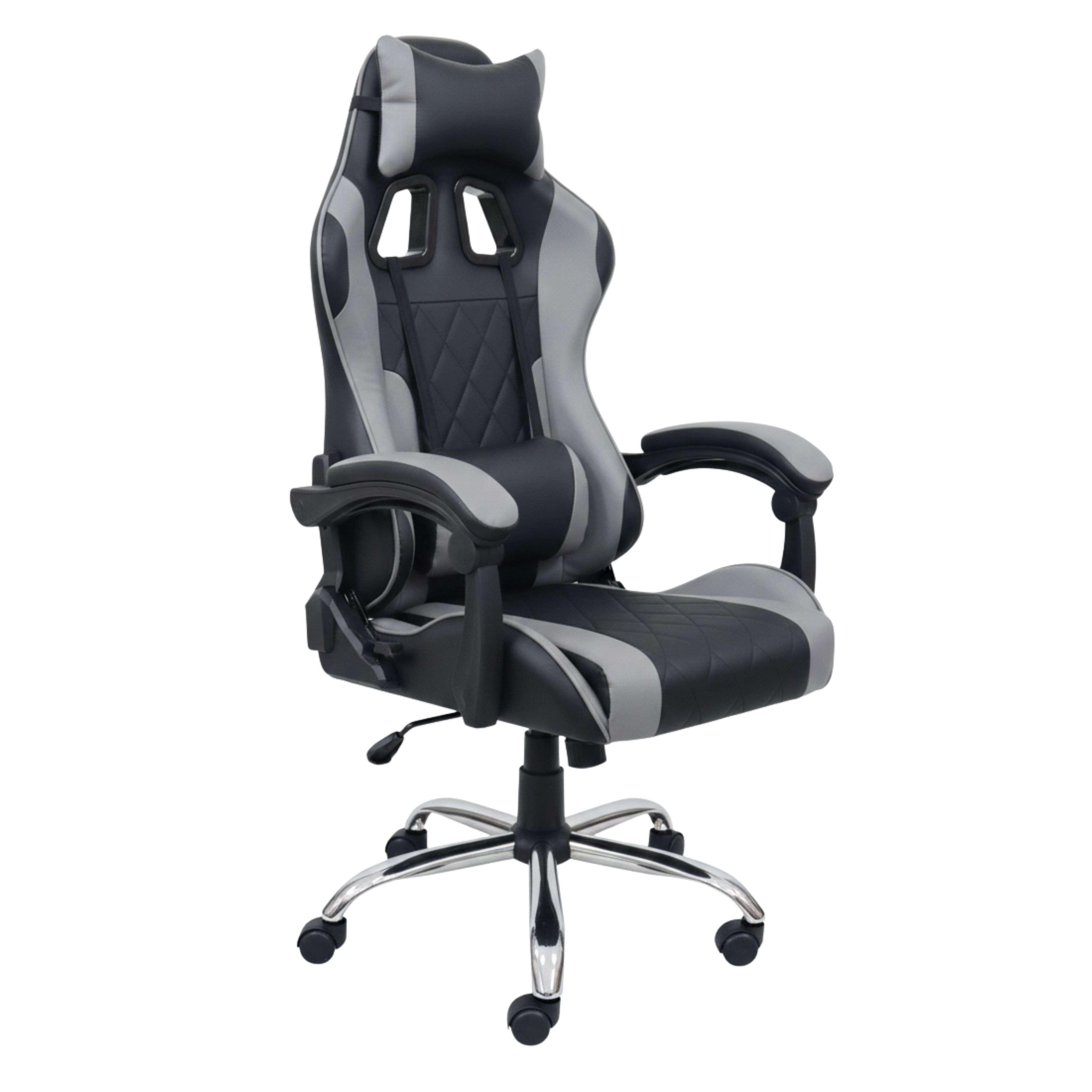 Miroytengo Silla Gaming Legend Negro y Gris con cojín lumbar y reposacabezas material tela estructura metal 63x120x66 cm