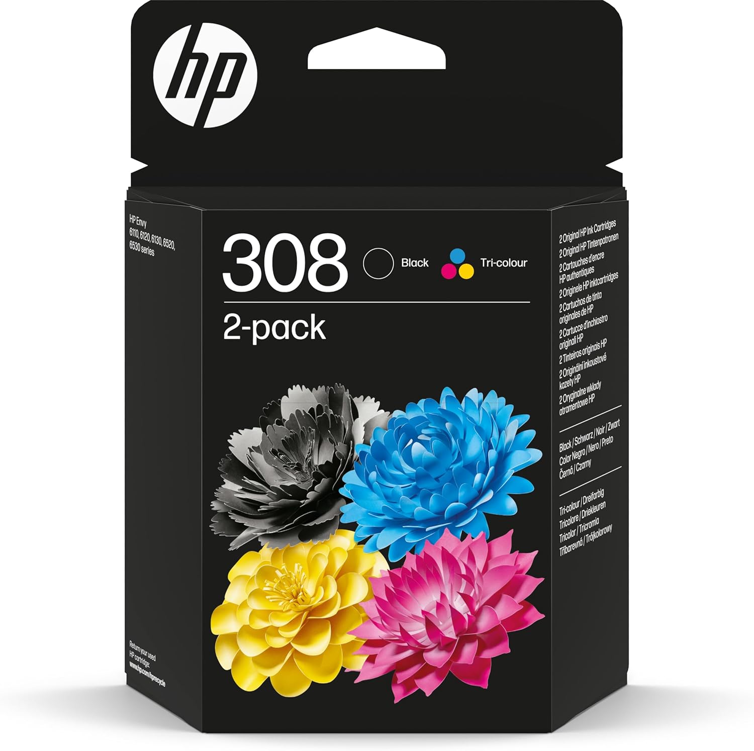 HP 308 6L6S6UE - Negro y Tricolor (Color), 2 Cartuchos de Tinta Originales, Pack Paquete de 2 Unidades, Compatible con Impresoras de Inyección de Tinta HP DeskJet 2910, 2920, 4320 Envy 6110e, 6120e, 6122e, 6130e, 6132e, 6520e, 6530e, 6532e