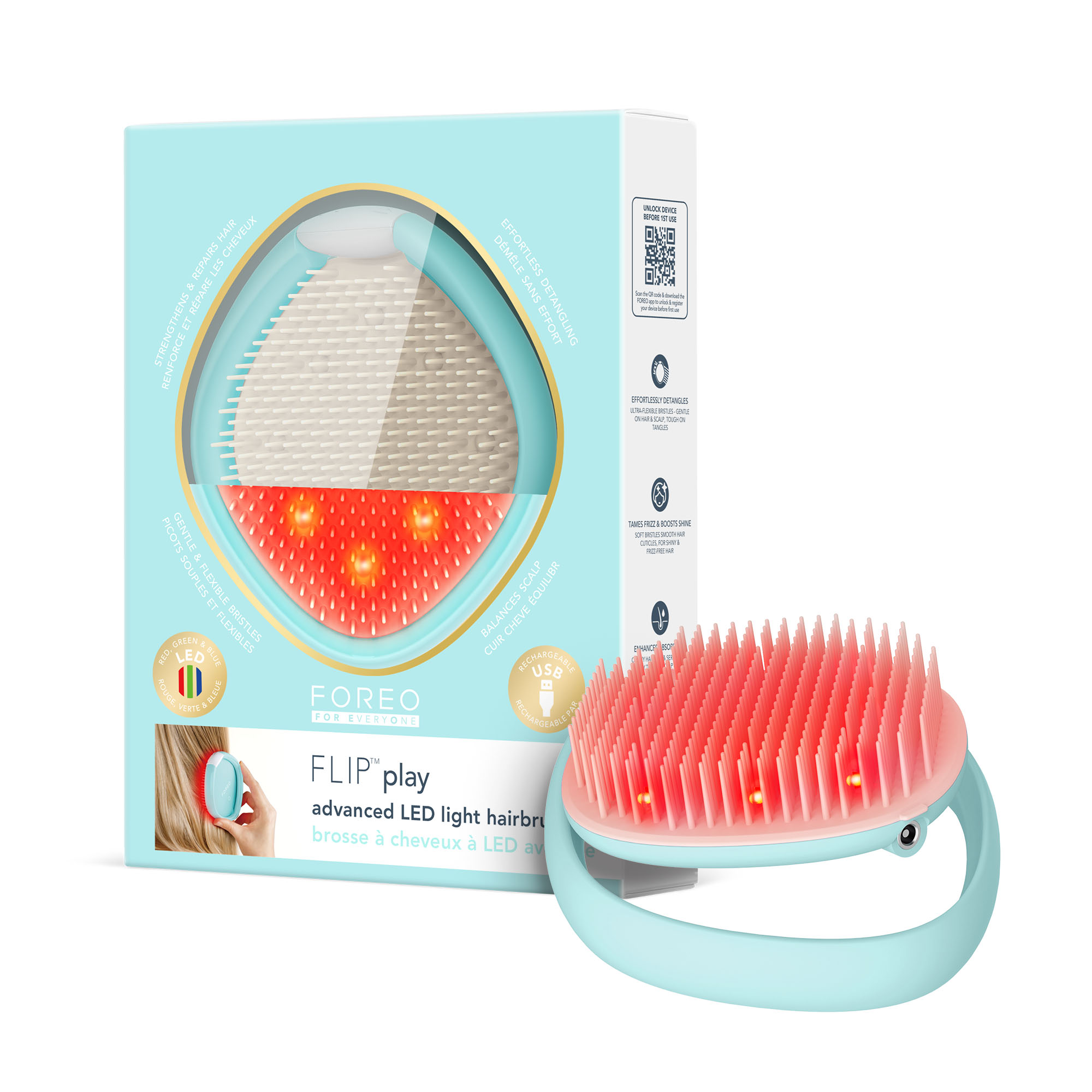 FOREO FLIP Play Cepillo Antitirones y Cepillo Desenredante Sin Tirones con LED Avanzado 3-en-1 – Masajeador de Cuero Cabelludo con Luz Roja, Azul y Verde para Cabello con Aspecto Más Fuerte y Denso
