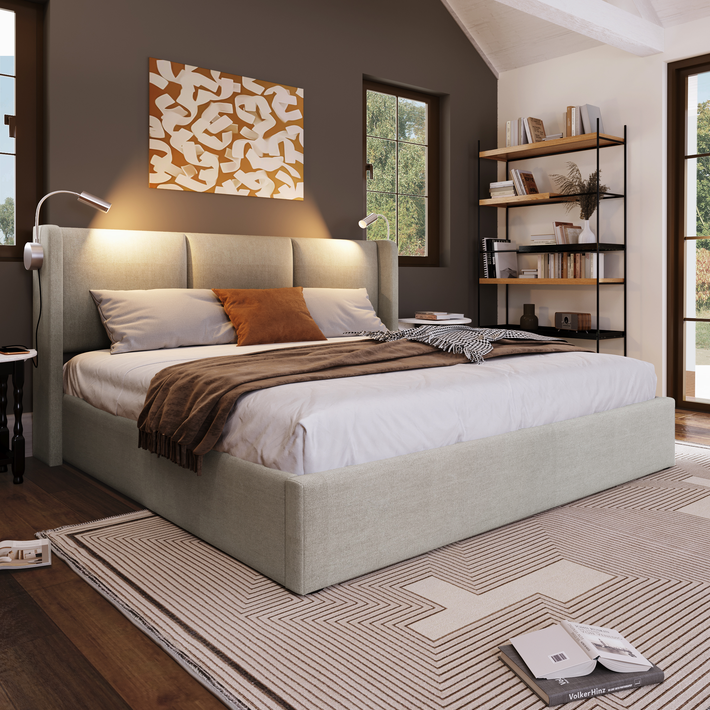 Lit coffre rembourré beige 160 x 200 cm en tissu lin avec liseuse, USB et sommier à lattes