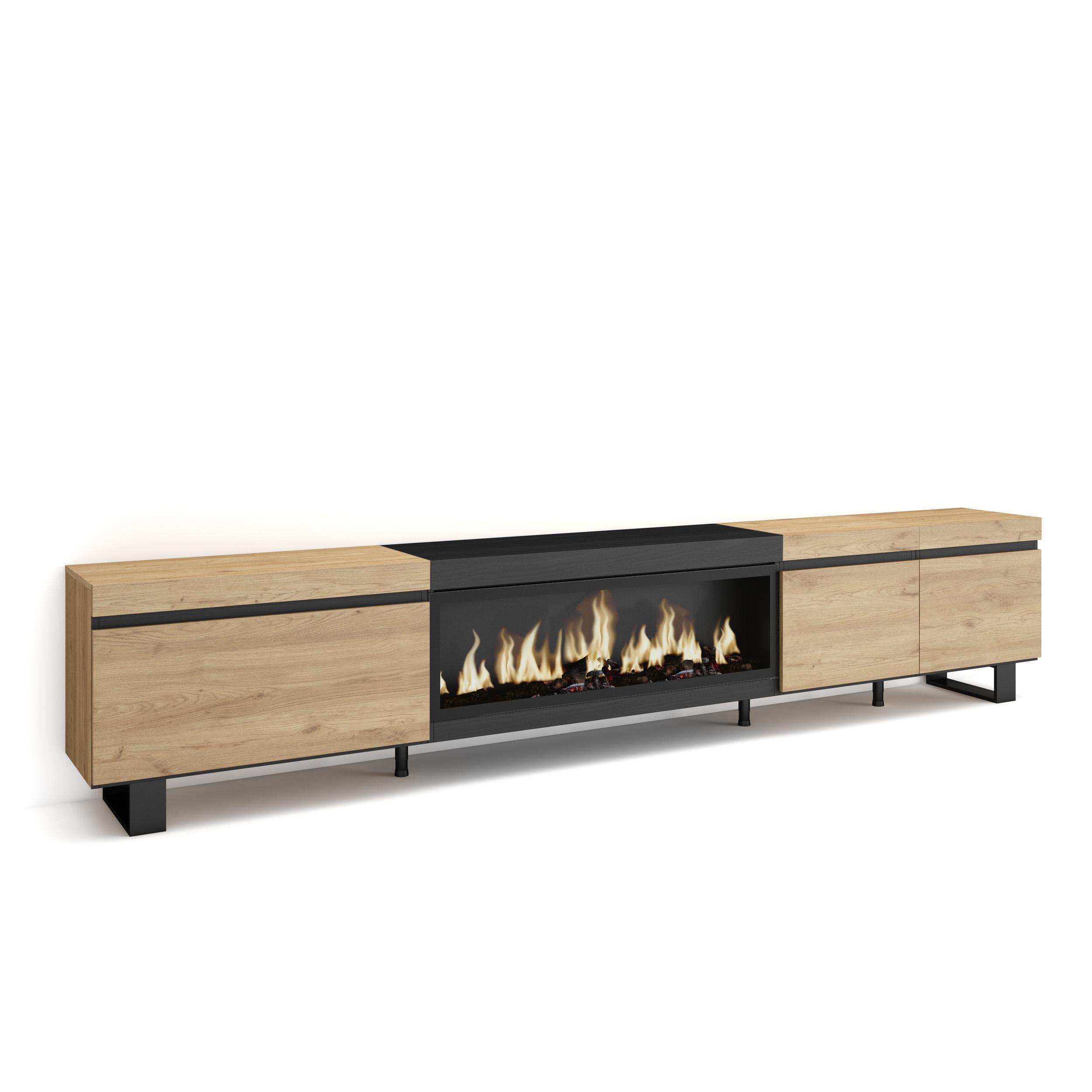 Skraut Home, Mueble TV, 288x35x57cm, Para TV gran formato, Chimenea eléctrica XXL led efecto fuego 3d