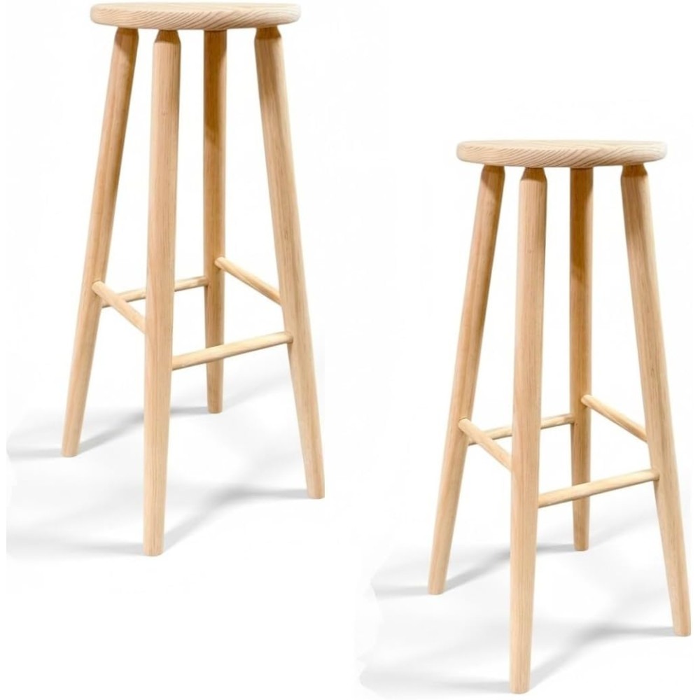 Taburete de Madera, banqueta de Madera Natural sin Tratar 70x30cm con reposapiés, Asiento para Todo Uso. (Redondo - 70x30cm)