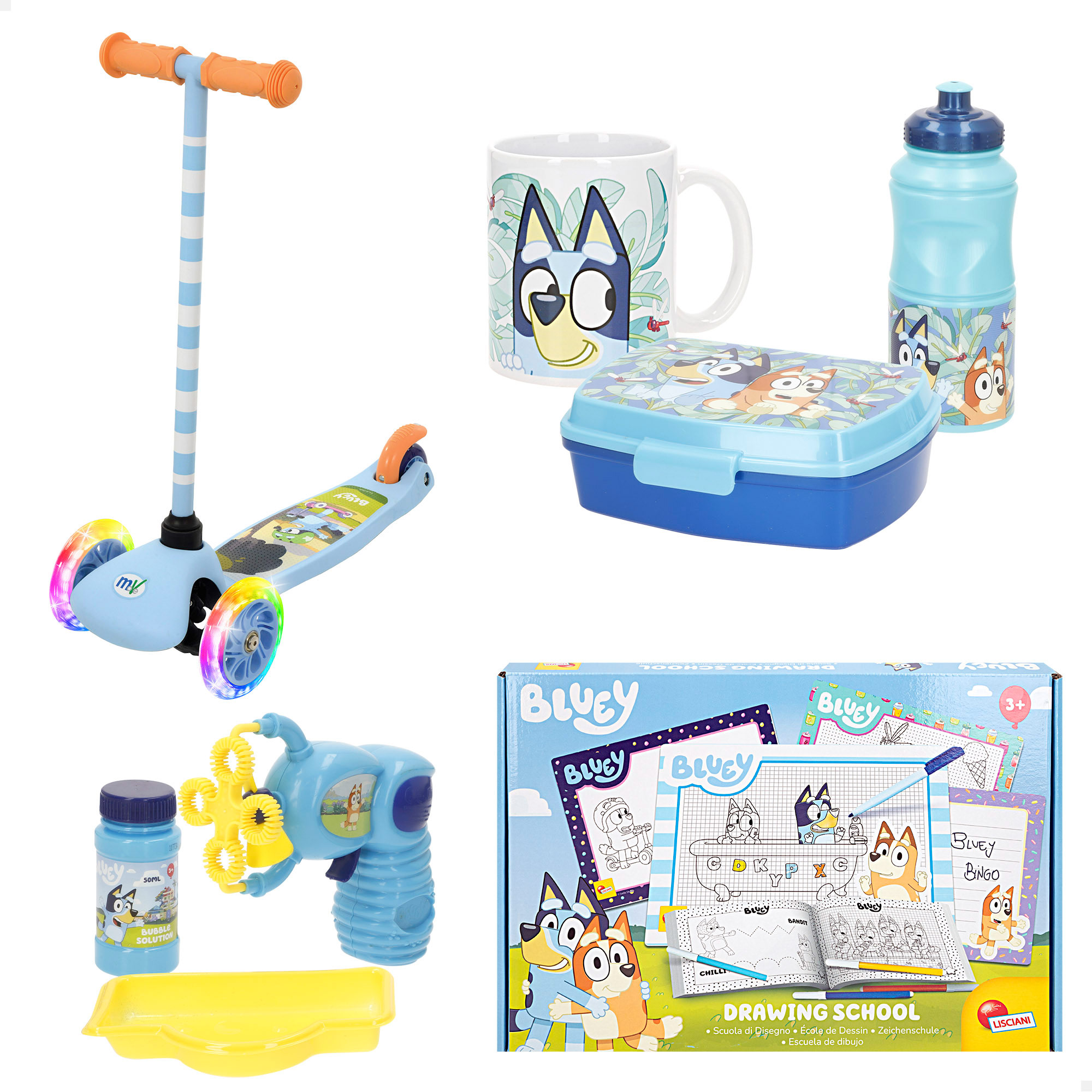 Bluey - Pack infantil vuelta al cole, licencia oficial, patinete 3 ruedas con luces LED, set almuerzo reutilizable con fiambrera, botella y taza, juguetes para niños, regalo cumpleaños niños, pack juegos y accesorios infantiles