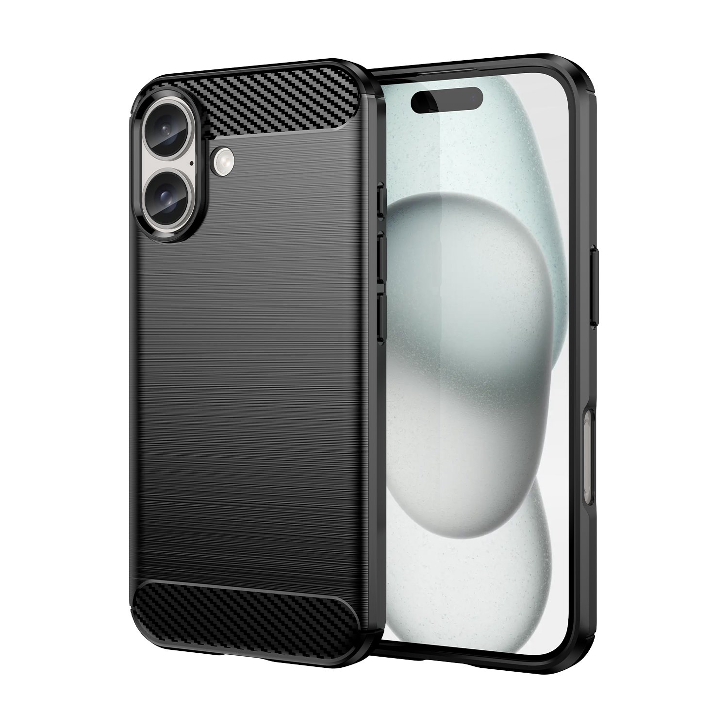Funda para móvil iPhone 16 Carcasa Protectora Antigolpes Silicona Negra Diseño Fibra de Carbono Resistente Absorción de Choque [Compatible Carga Inalámbrica]