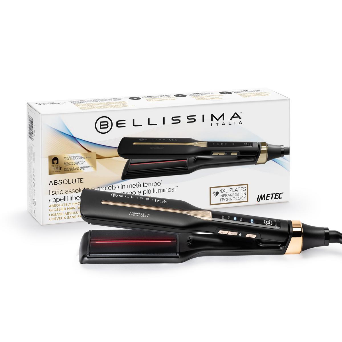 Bellissima Absolute - Plancha de Pelo con Tecnología de Infrarrojos e Iones, Placas 4xL Flexibles, Revestimiento de Cerámica y Queratina, 4 Niveles de Temperatura, Calentamiento Rápido
