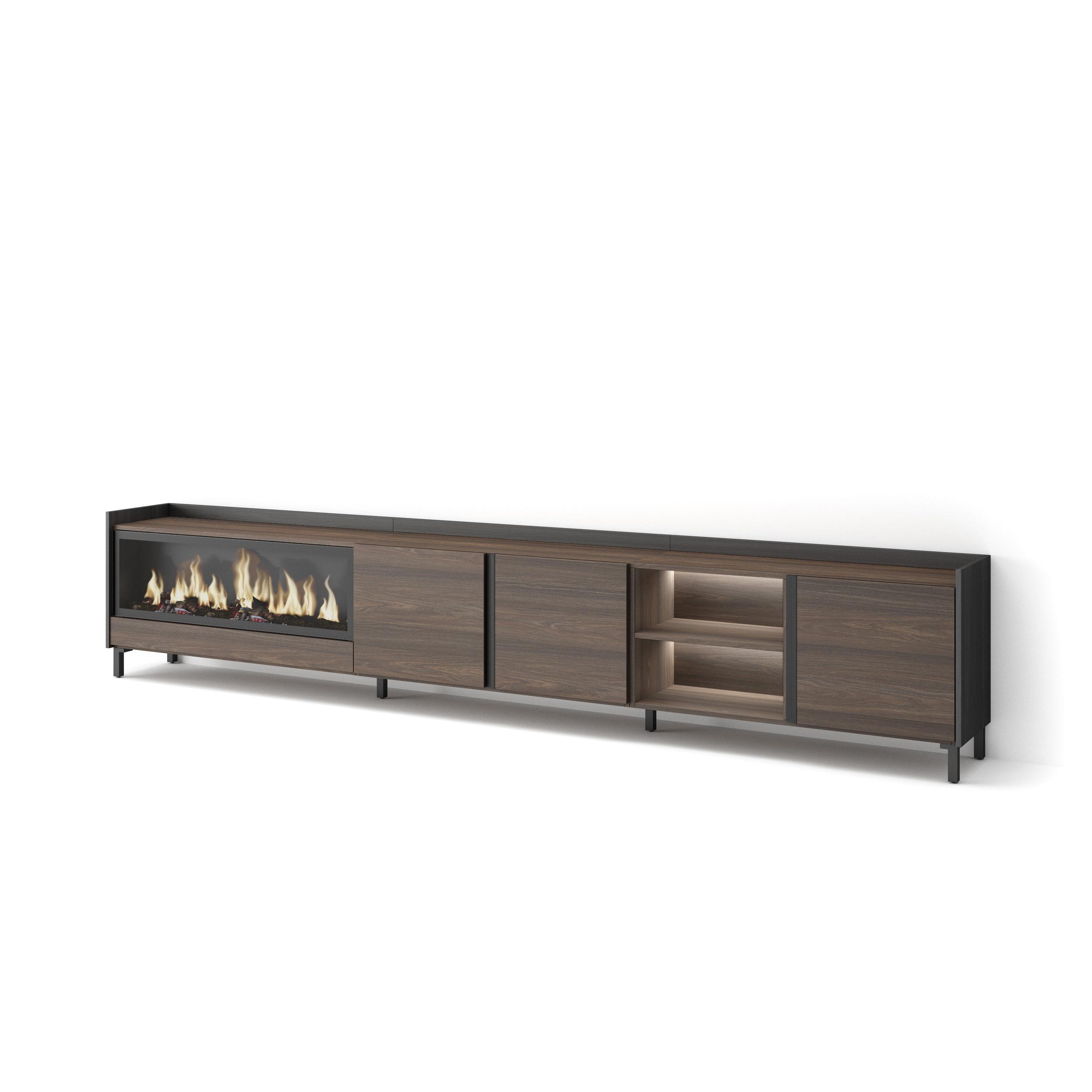 Mueble TV, Televisión, 315x35x61cm, Para TV hasta 80", Chimenea eléctrica XXL, Diseño industrial, LED
