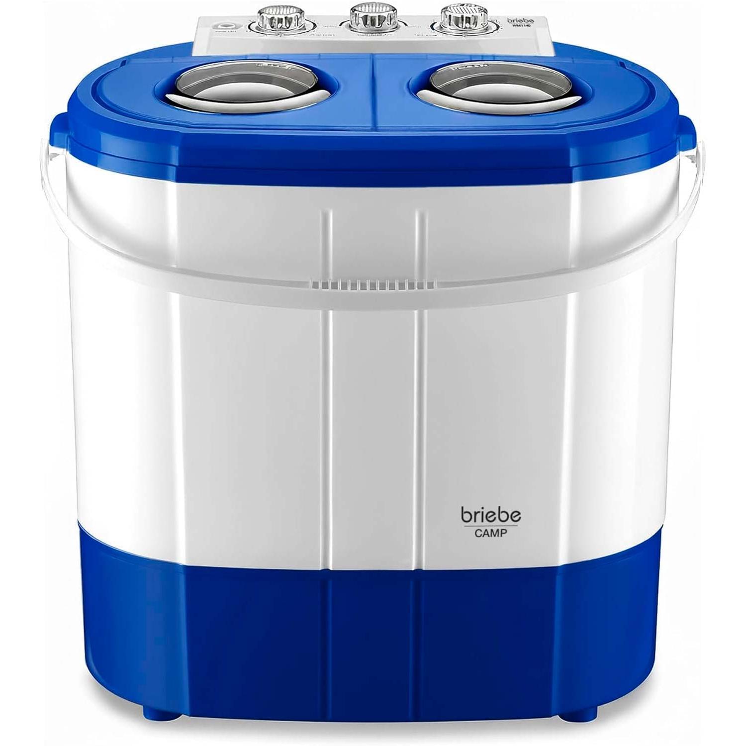 Briebe WM1140 Mini Lavadora Centrifugadora Portátil, 3Kg Lavado, 2 Compartimentos, Programa Lavado 15m, 190 W, Blanco/azul