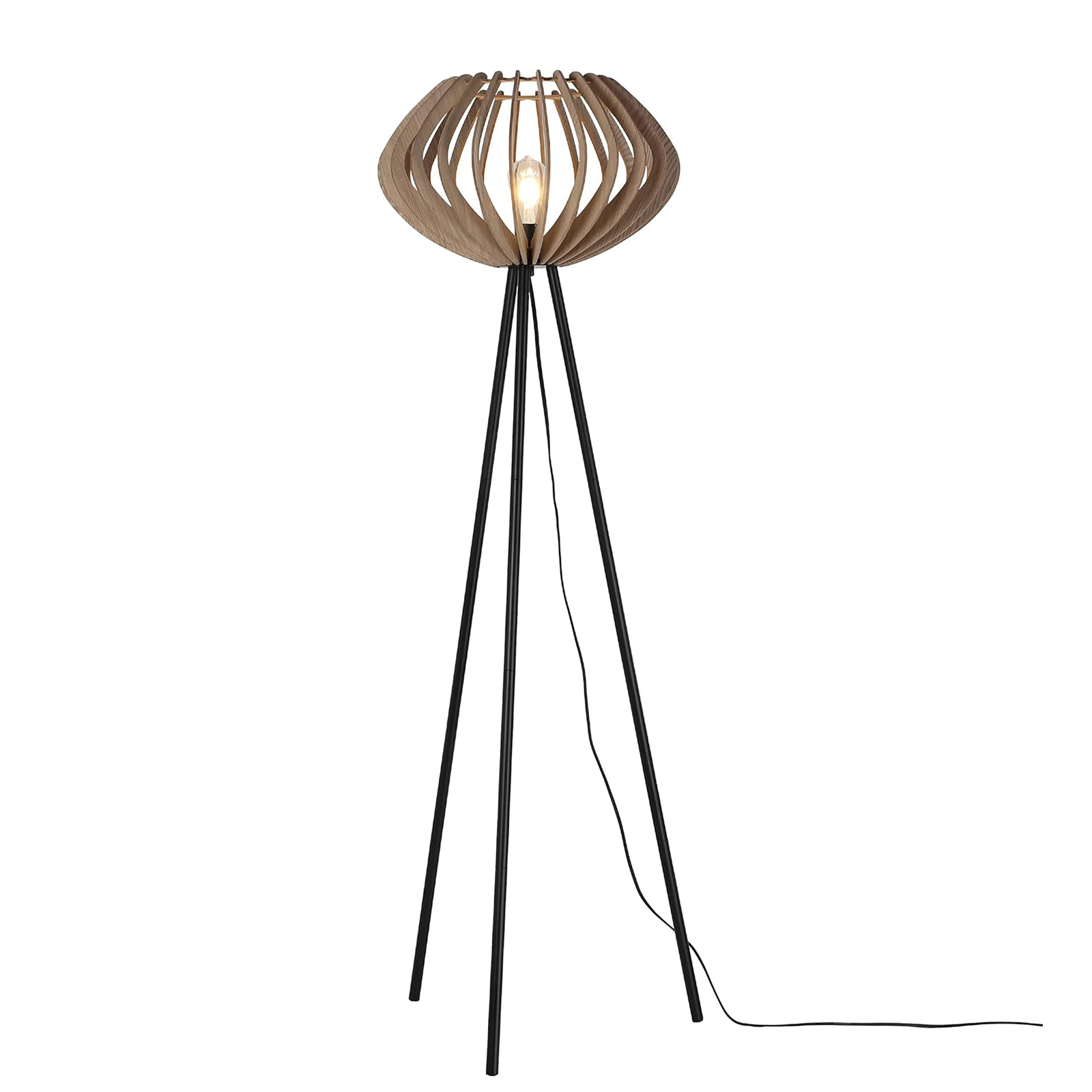 ALPINALUZ Lámpara de pie trípode madera "METTE", pantalla industrial, estilo bohemio moderno, con interruptor de pie, para sala E27.