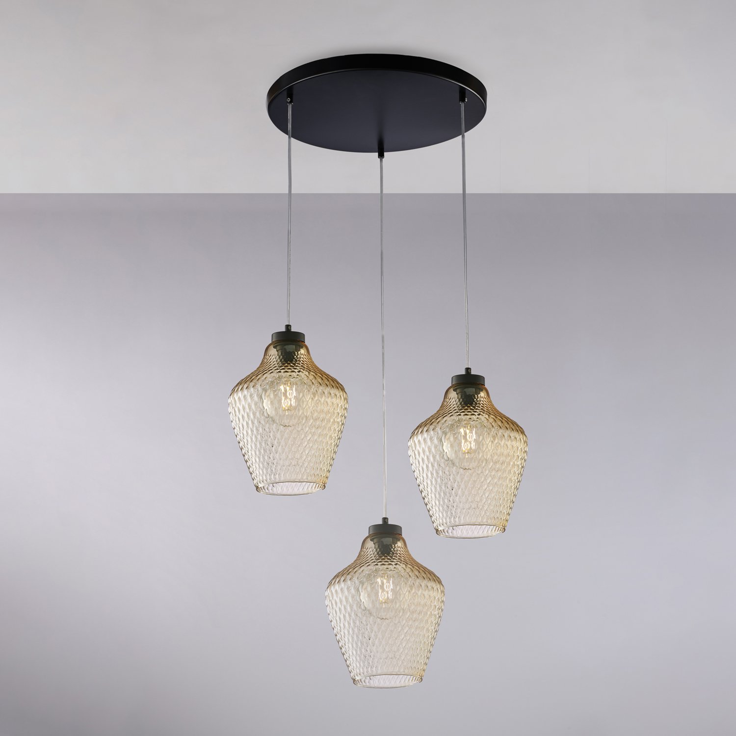 Suspensión 3 Luces Hierro Lacado Negro Maya y Vidrio Soplado