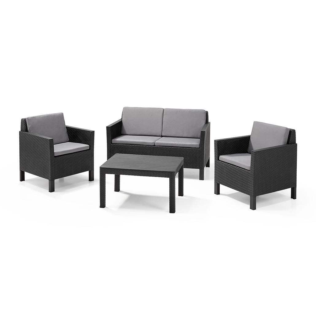 KETER Conjunto de Jardín terraza balcón CHICAGO grafito cojines Mesa 78x58.5x43, Silla/Sillón 64.5x64.5x75.5, Sofá 126x64.5x75.5 AnxPxAl cm