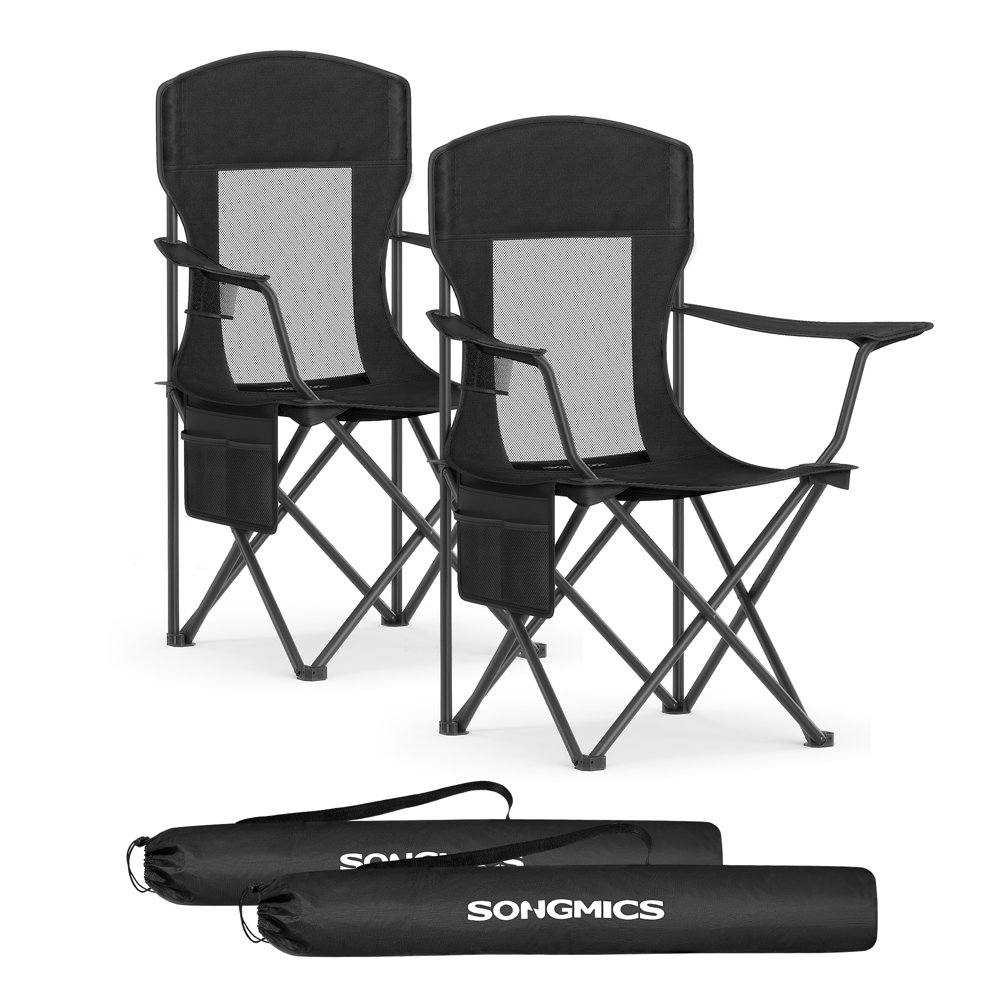 SONGMICS Juego de 2 Sillas de Camping Transpirables, Plagables Exterior con Respaldo Alto, Reposabrazos Ajustables, Portavasos, Carga 150 kg, para Jardín, Patio, Negro Tinta/Gris Pizarra/Azul Marino