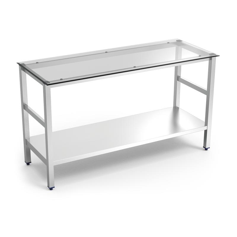 Mesa central inox con encimera de cristal translúcido 1500x600x860 mm