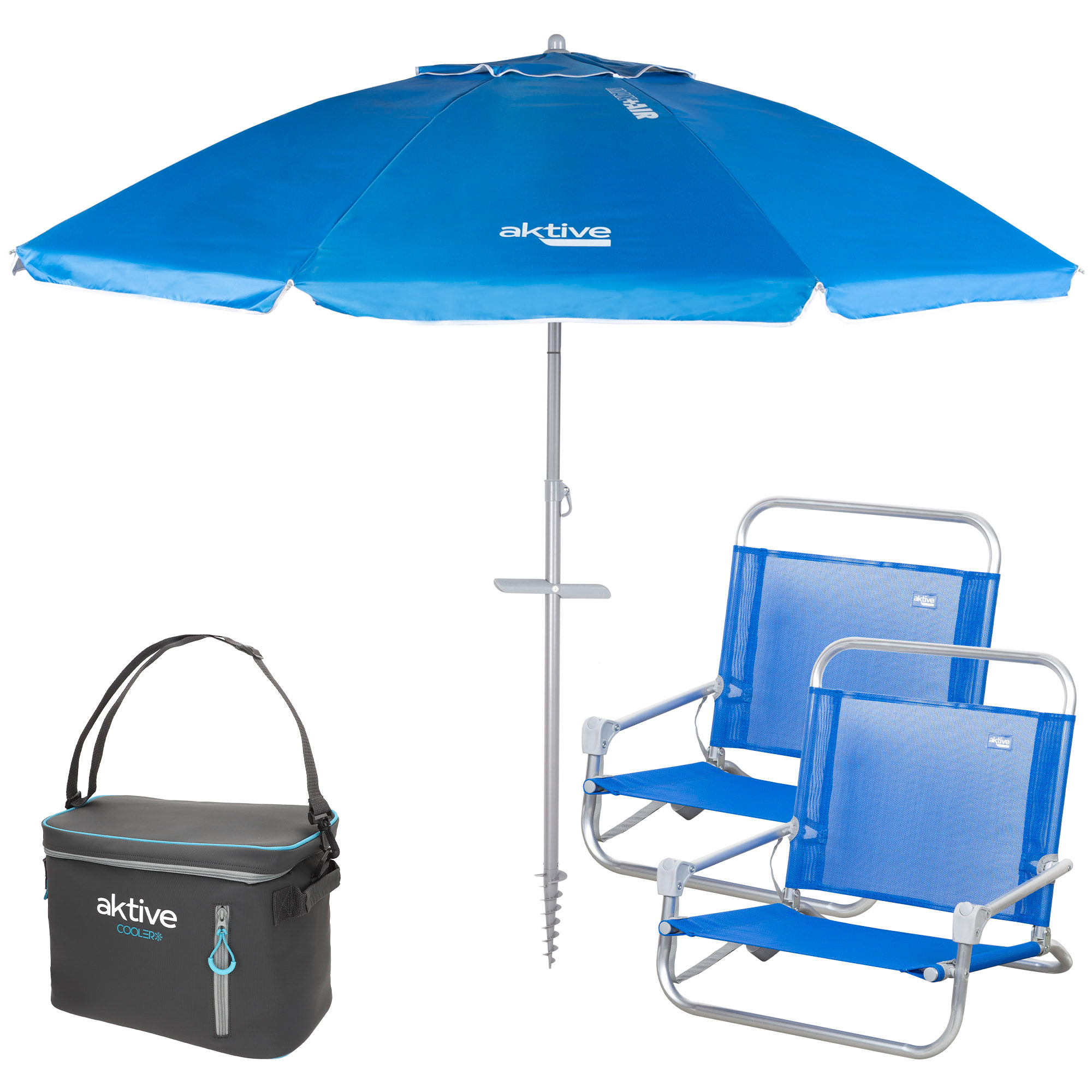 Aktive - Pack 2 sillas playa bajas azules 46x44x49 cm, sombrilla 200 cm, nevera blanda 18 L, cómodo y práctico, packs de playa