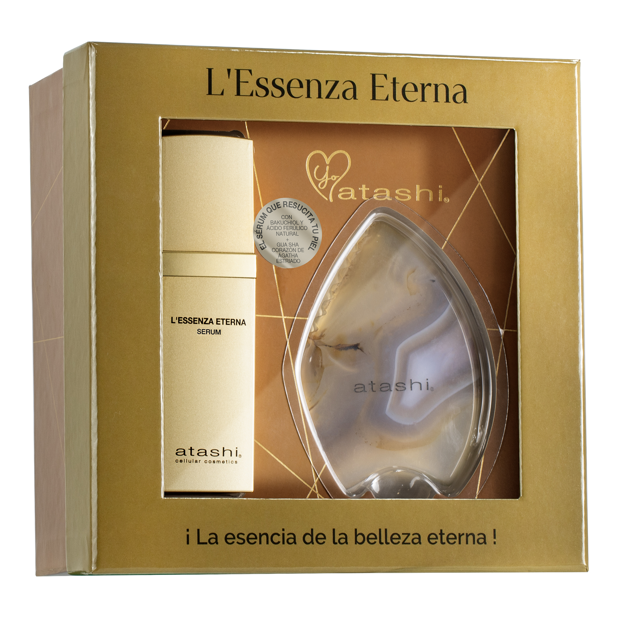 Atashi Cofre L'Essenza Eterna | Sérum Antiedad Regenerante Antiarrugas, Antioxidante, Nutritivo | Con Bakuchiol y Ácido Ferúlico + Corazón de Ágata, 30 ml