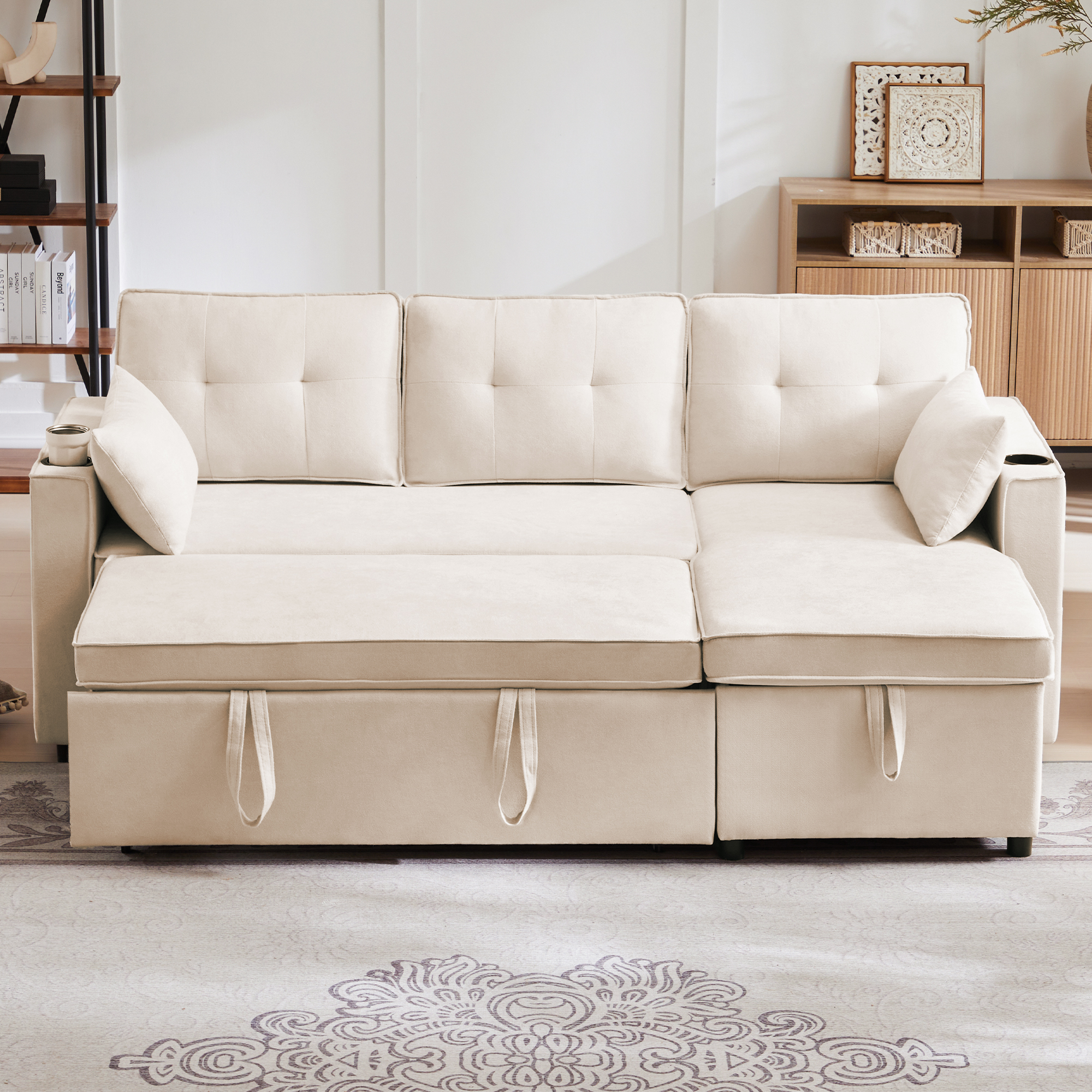 Canapé d’angle convertible 3 places beige avec méridienne réversible, coffre de rangement et porte-gobelets
