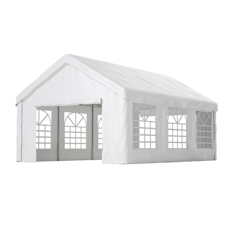 Garage tente blanc 4 x 6 m avec structure en acier, portes enroulables avant et arrière et parois amovibles