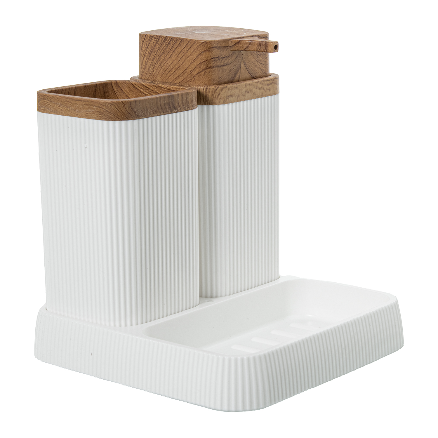 Set baño dosificador y vaso y jabonera acrilico blanco 15x16x15cm