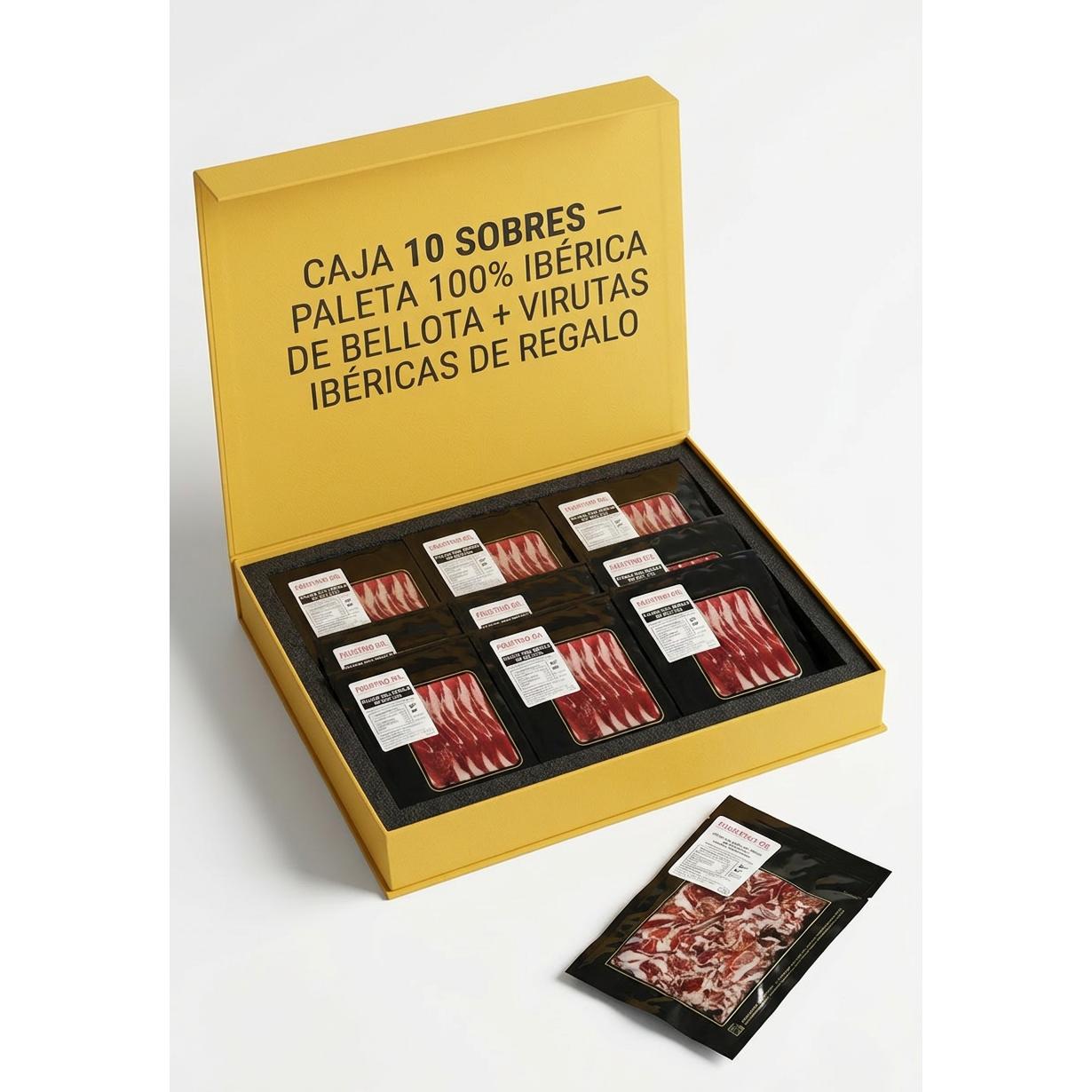 PALETA BELLOTA 100% IBERICA 10 SOBRES DE 100G +  REGALO VIRTUAS IBERICAS 200G - IBÉRICOS FASUTINO GIL