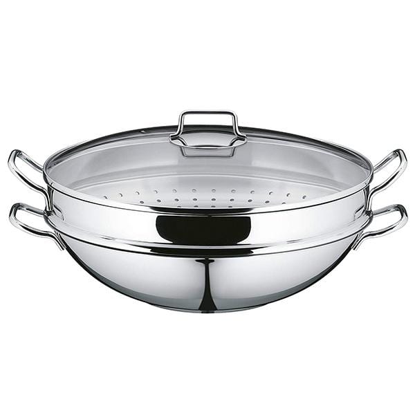 Wok 4 Piezas Macao de WMF - Set Completo de Acero Inoxidable con Vaporera, Tapa de Cristal y Rejilla para Cocinar Saludablemente