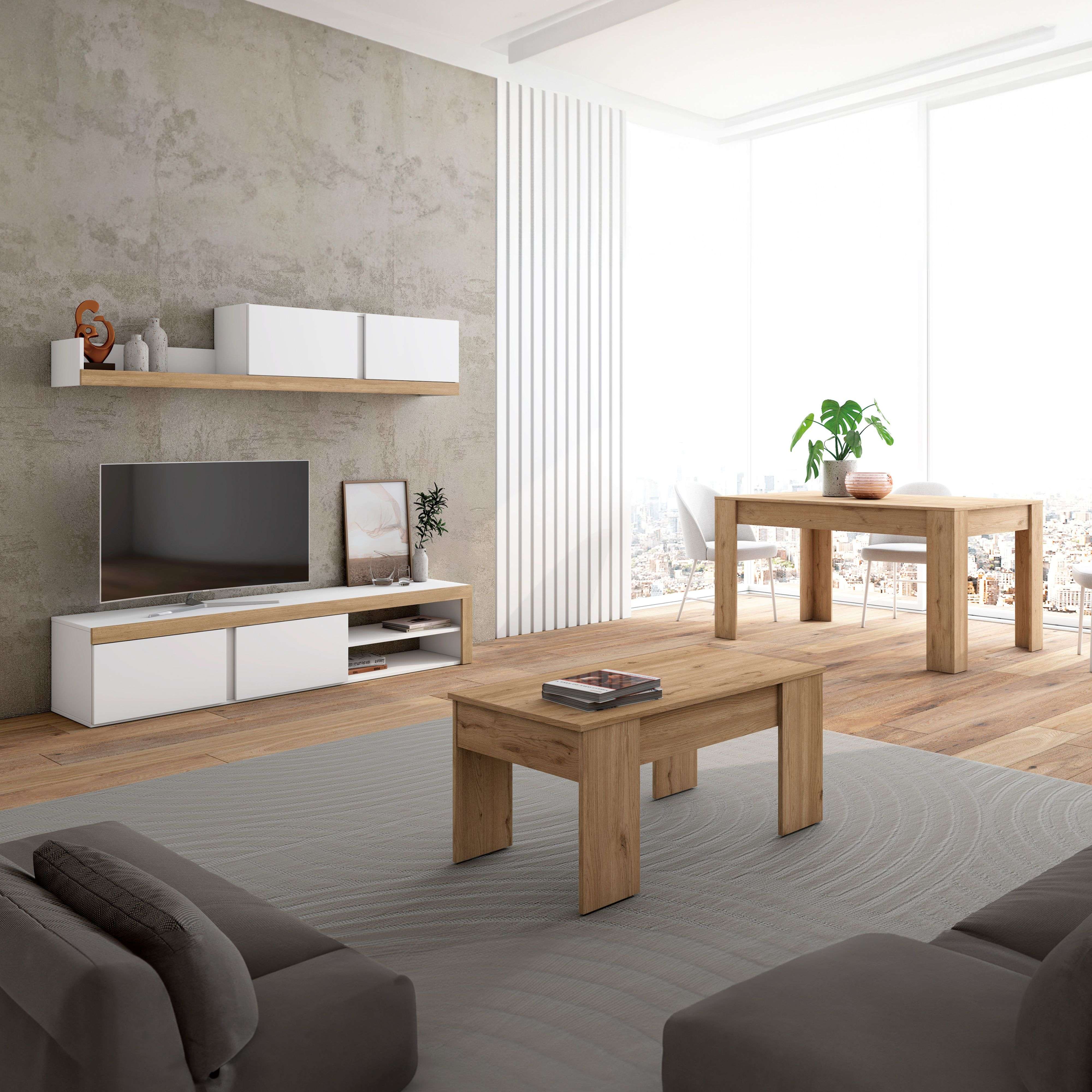 Miroytengo Pack de Muebles de Salón Estilo Moderno Color Blanco Mate y Roble Naturale con Mueble TV, Mesa Centro y Mesa Comedor Extensible