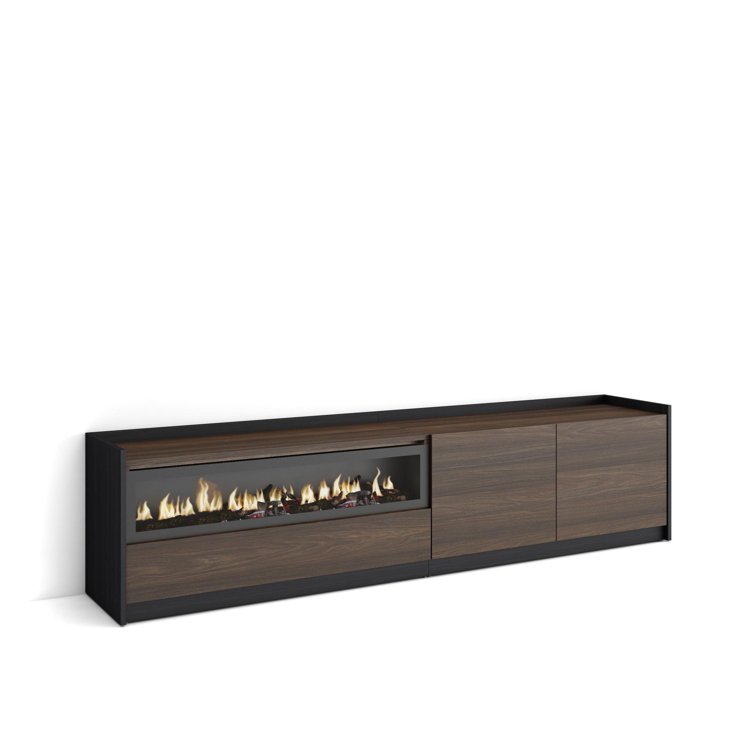 Skraut Home, Mueble TV, Televisión, Muebles de salón, almacenaje, 207x37x50 cm, Para TV hasta 80", Chimenea eléctrica
