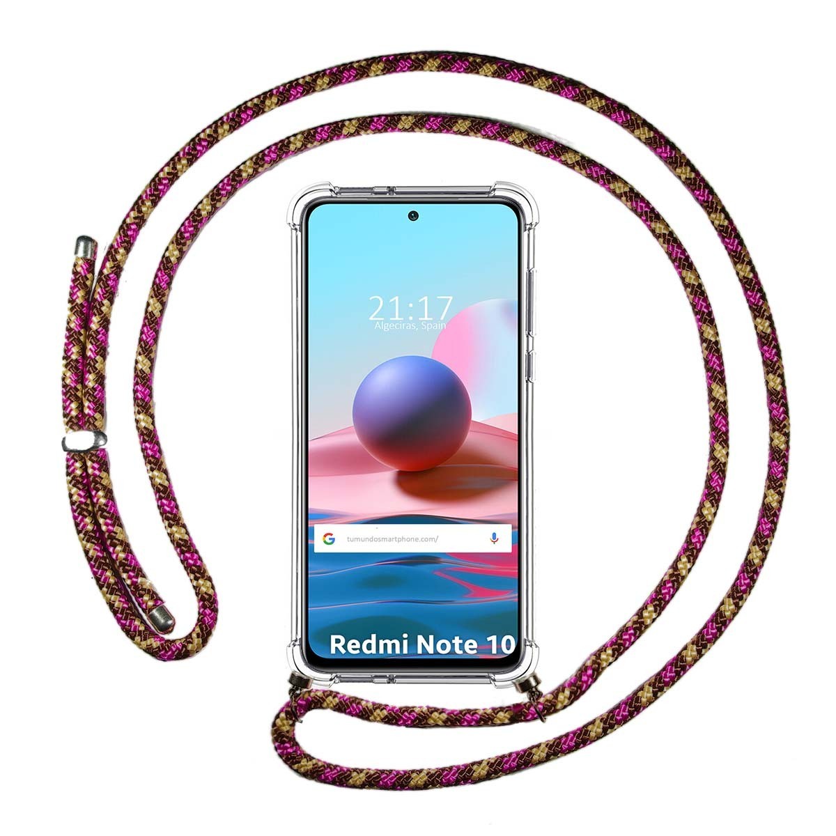 Tumundosmartphone Funda Colgante Transparente para Xiaomi Redmi Note 10 / 10S con Cordon Rosa / Dorado