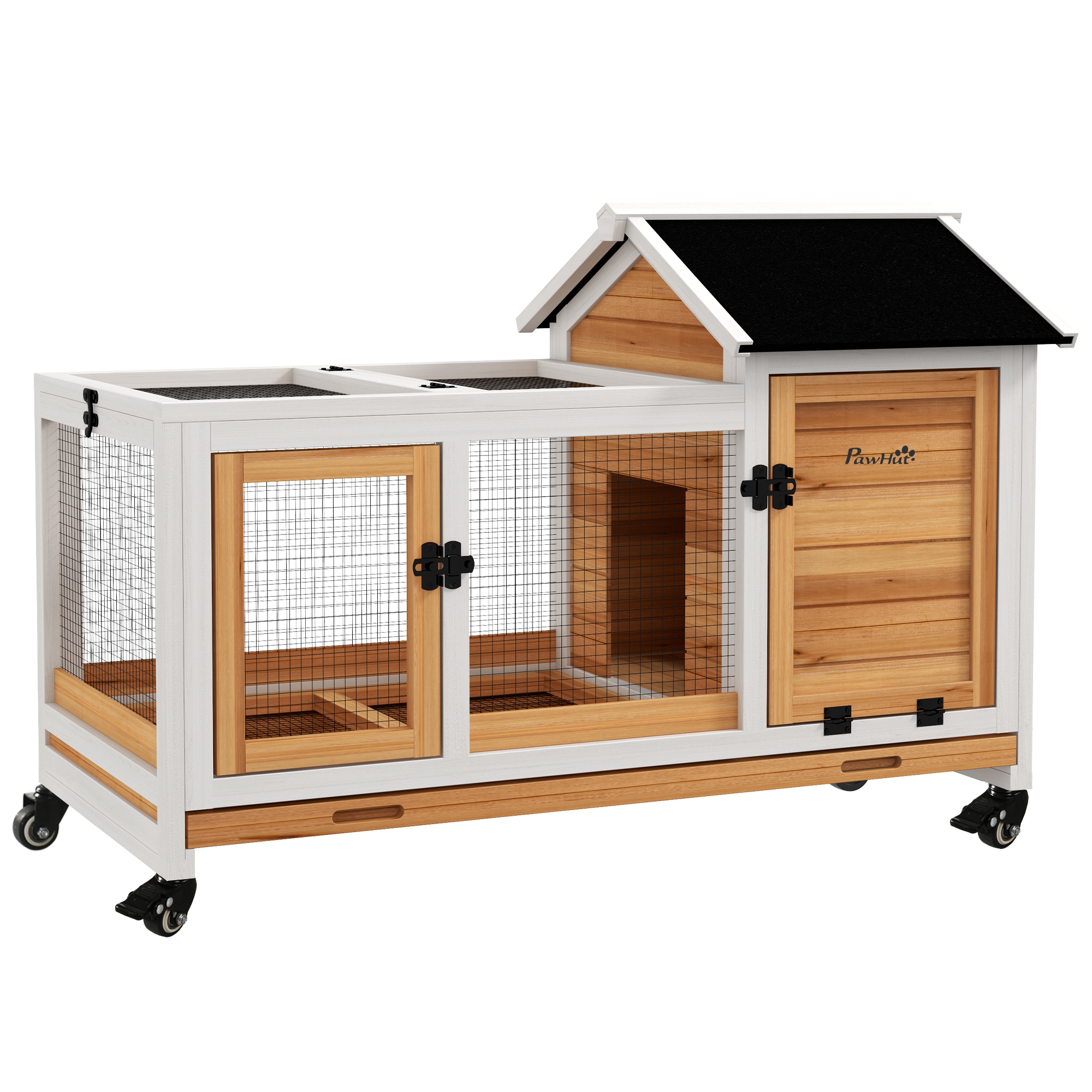 PawHut Conejera de Madera con Ruedas Jaula para Conejos con Techo Puede Abrir y Bandeja Extraíble Conejera para Interior y Exterior 108x58x73,5 cm Café
