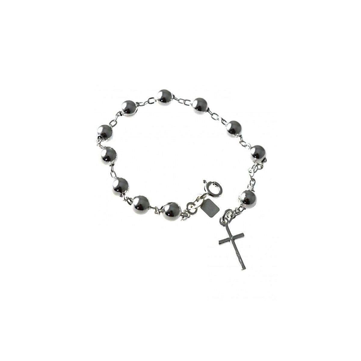 Pulsera plata Ley 925m rosario 18cm. bolas 6mm. lisa charm cruz 17mm. cierre reasa