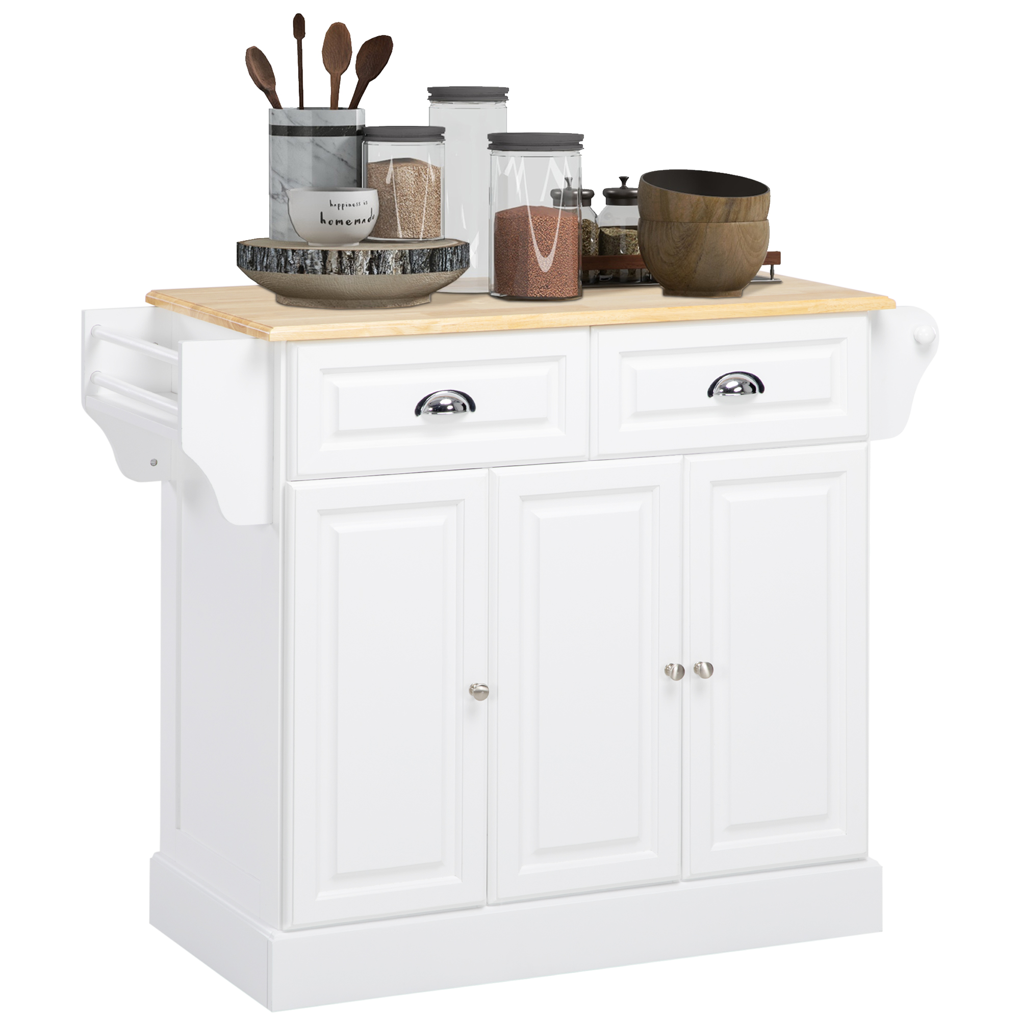 HOMCOM Isla de Cocina Carro de Cocina con Ruedas Carro Multiusos con 2 Cajones 3 Puertas Toallero y Estante para Especias para Comedor 110x45x91 cm Blanco