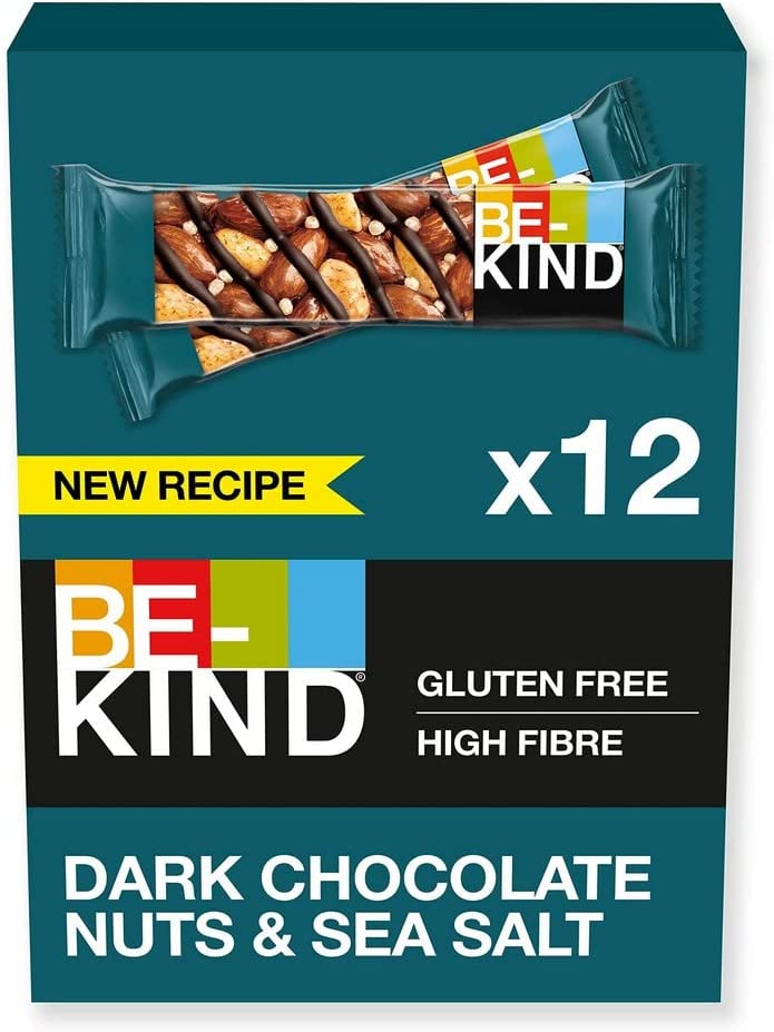 BE-KIND Barrita de Cereales con Frutos Secos Tostados, Chocolate Negro y Sal Marina, Sin Gluten, Alto Contenido de Fibra, Estuche de 12 x 40grs Barras