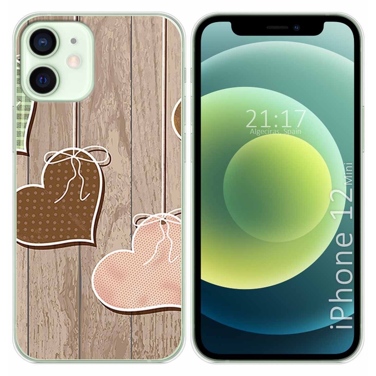 Tumundosmartphone Funda Gel Tpu para Iphone 12 Mini (5.4) diseño Corazones Madera Dibujos