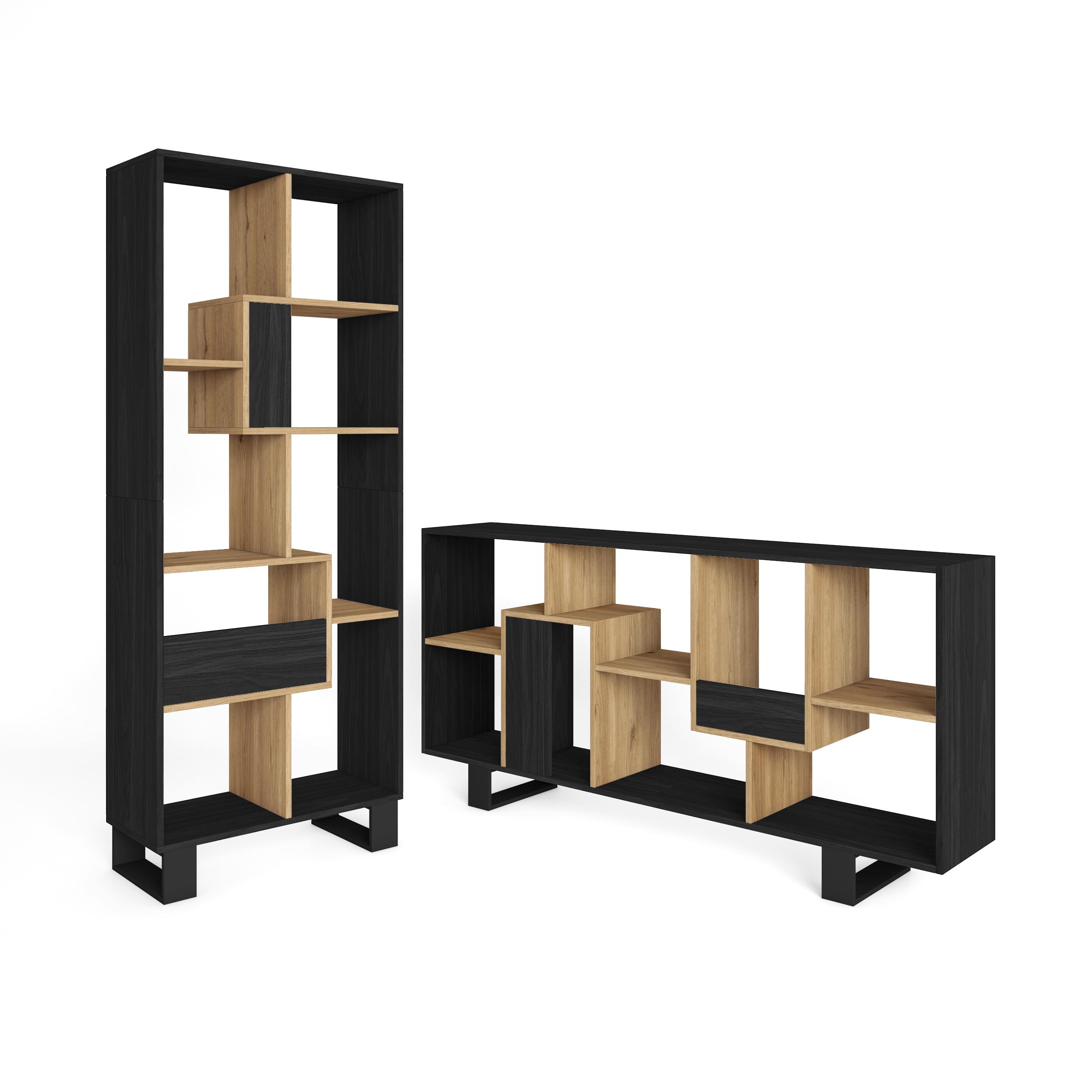 Skraut Home, Librería estantería, Estanteria libros de pared, 67x31x174cm, Diseño industrial, Estilo Moderno, Negro y roble