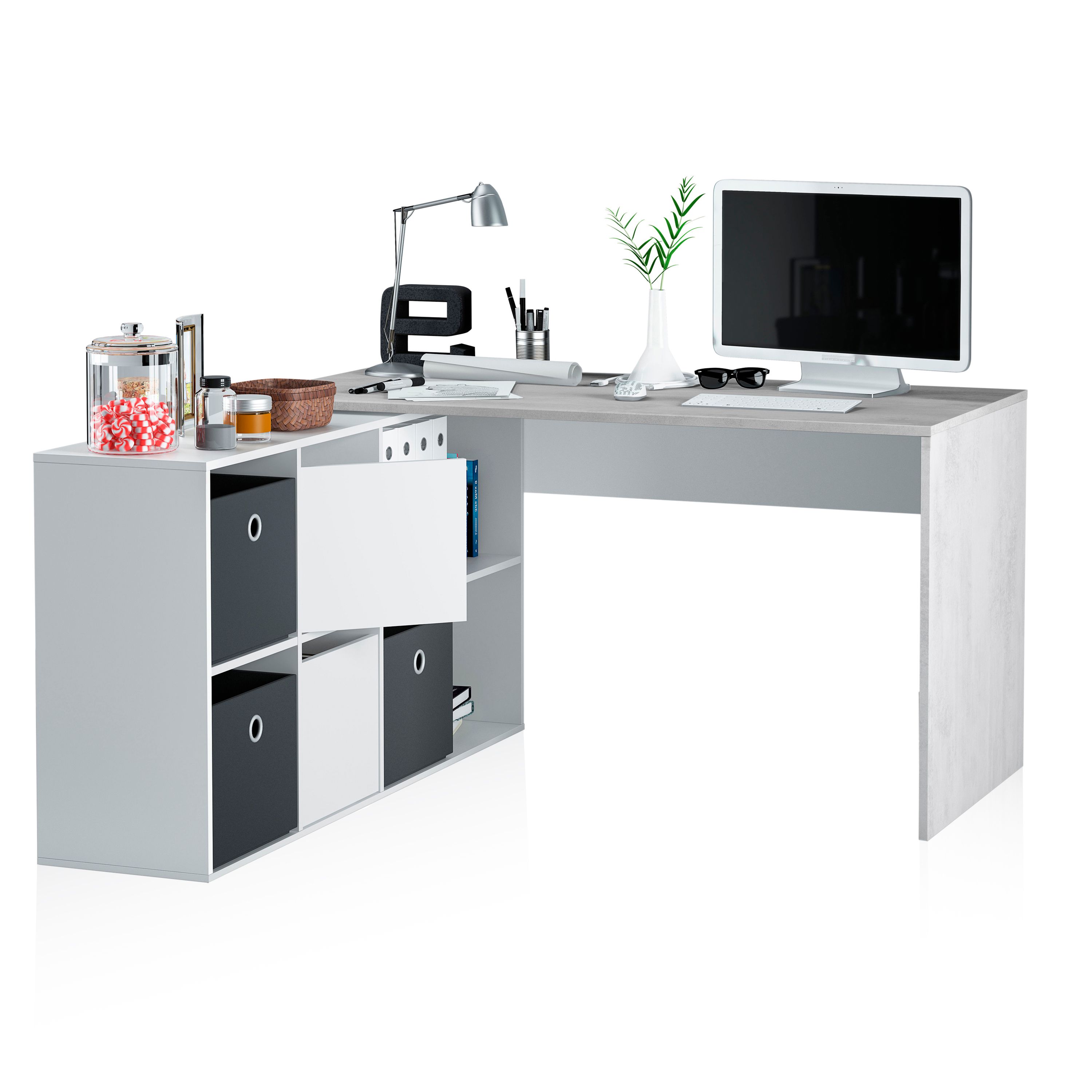 duehome - Mesa de escritorio Move multiposición y reversible para oficina en casa o teletrabajo, con módulo de almacenaje lateral ajustable a derecha/izquierda, melamina resistente y fácil limpieza, medidas rinconera 136x139x74 cm o estirada 203x66x74 cm