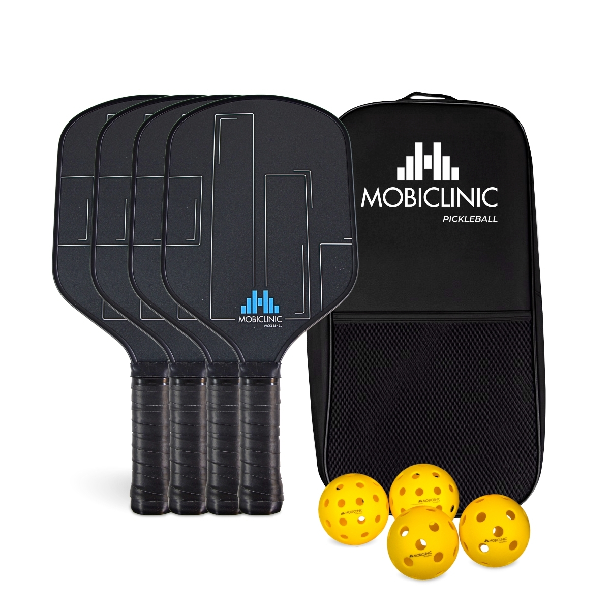 Set de Pickleball Mobiclinic 4 Raquetas de Fibra de Vidrio, 4 Pelotas, Bolsa de Transporte Núcleo de Polipropileno Mobiall Grip Antideslizante