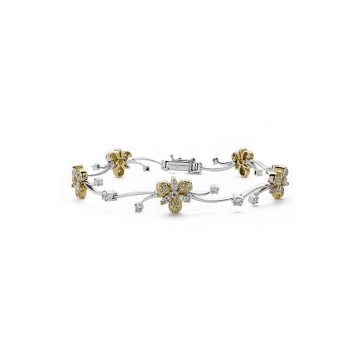 Pulsera oro 18k bicolor 20cm. 10mm. flores circonitas