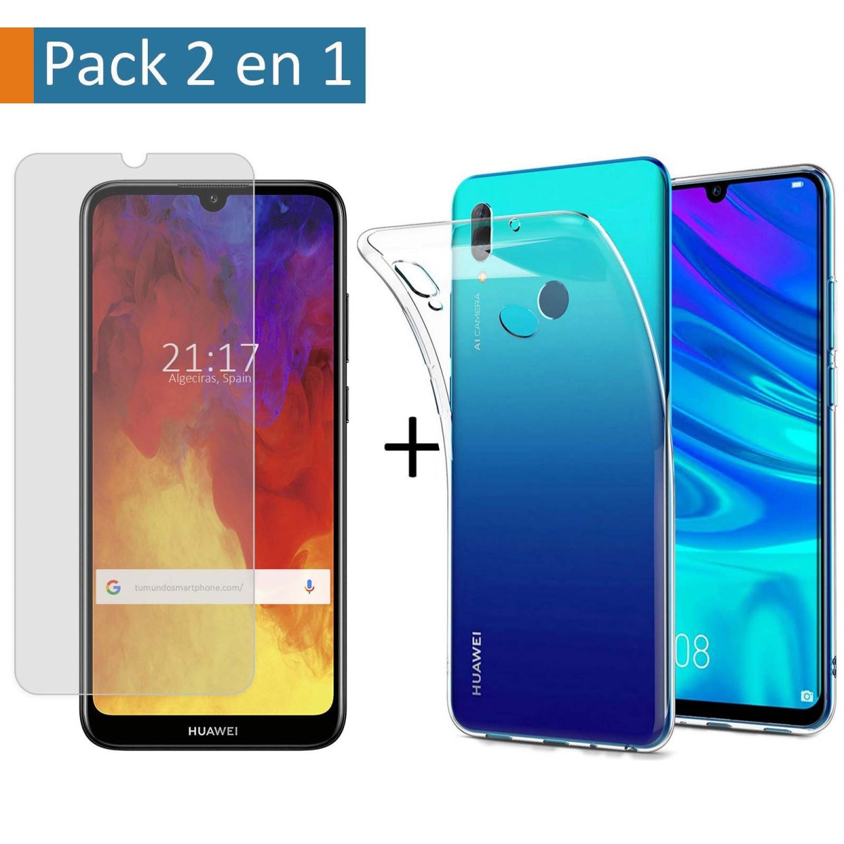 Tumundosmartphone Pack 2 en 1 Funda Gel Transparente + Protector Cristal Templado para Huawei Y6 2019 / Y6s 2019 - Protección Completa